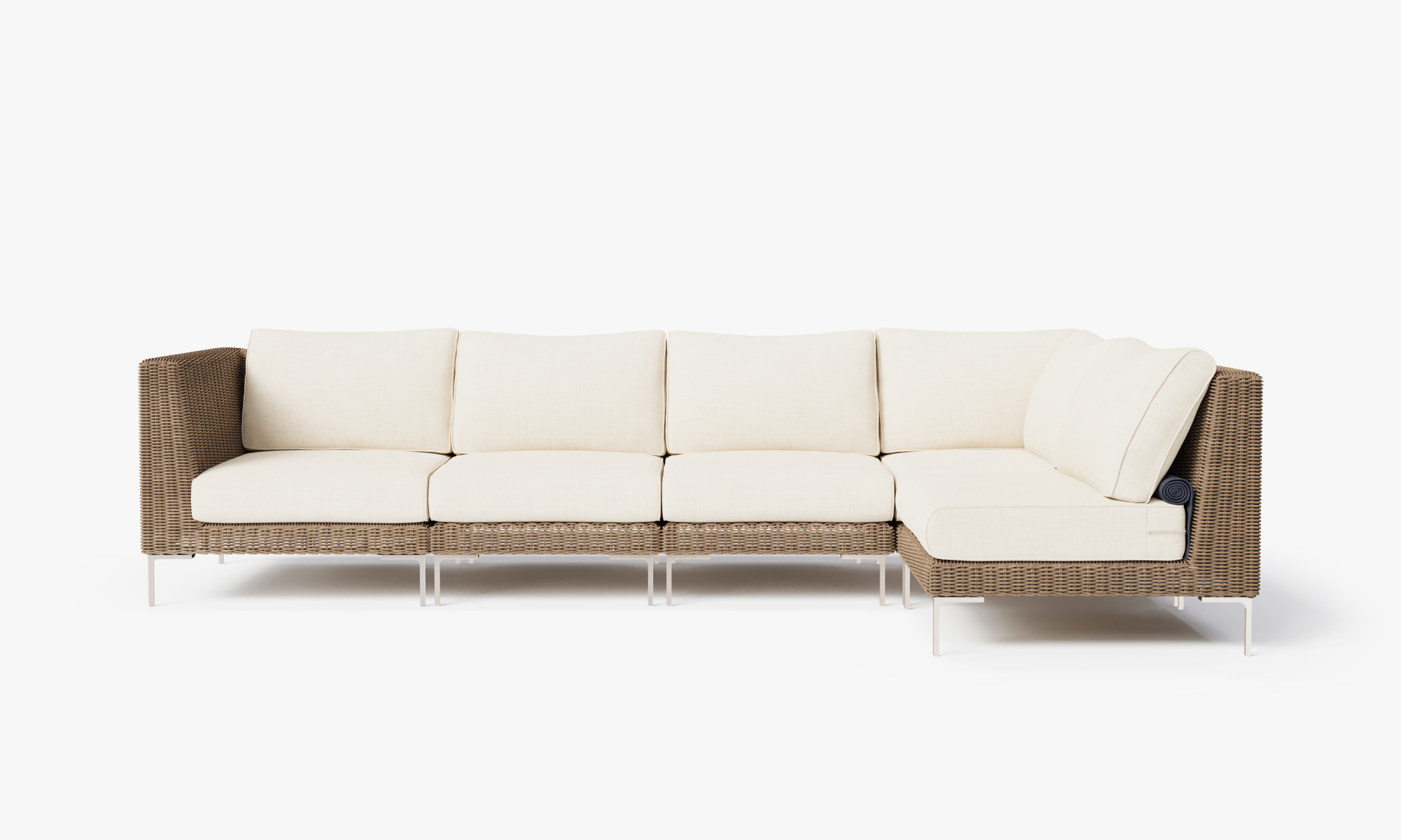Brown Wicker Outdoor L Sectional - 5 Seat, front. Comfortable, durable, and weather resistant outdoor seating with memory foam. #color_palisades cream