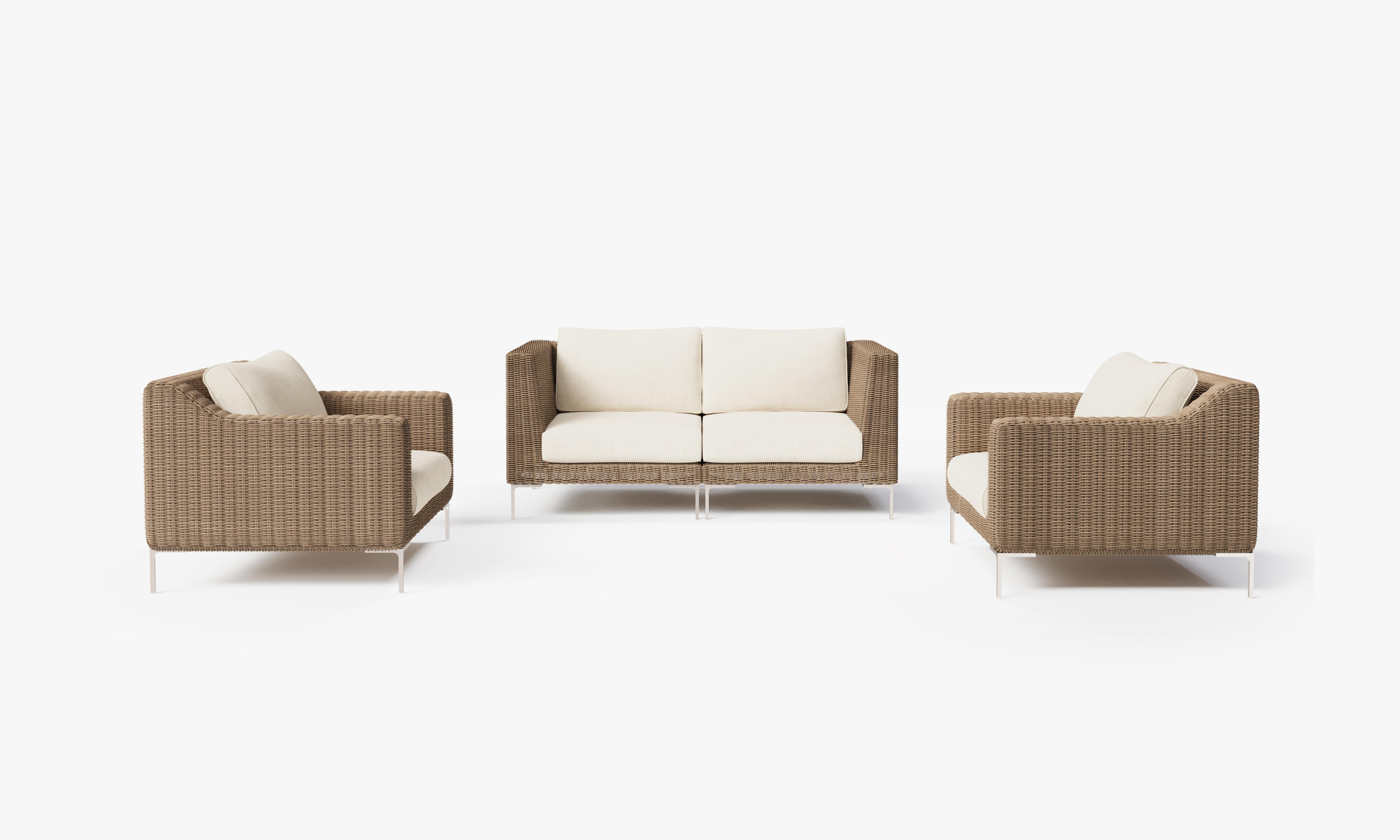 Brown Wicker Outdoor Loveseat with Armchairs - 4 Seat, front. Comfortable, durable, and weather resistant outdoor seating with memory foam. #color_palisades cream