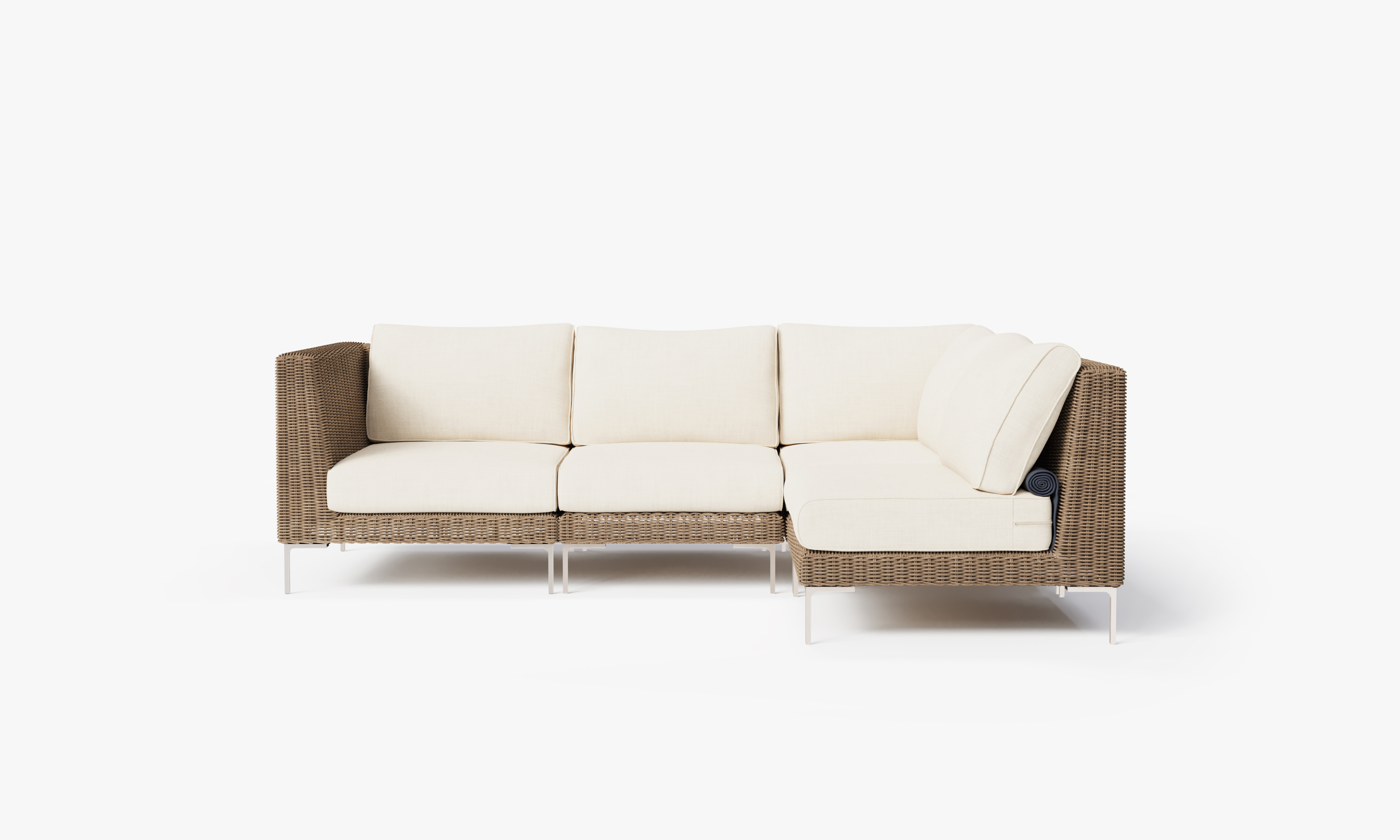 Brown Wicker Outdoor L Sectional - 4 Seat, front. Comfortable, durable, and weather resistant outdoor seating with memory foam. #color_palisades cream