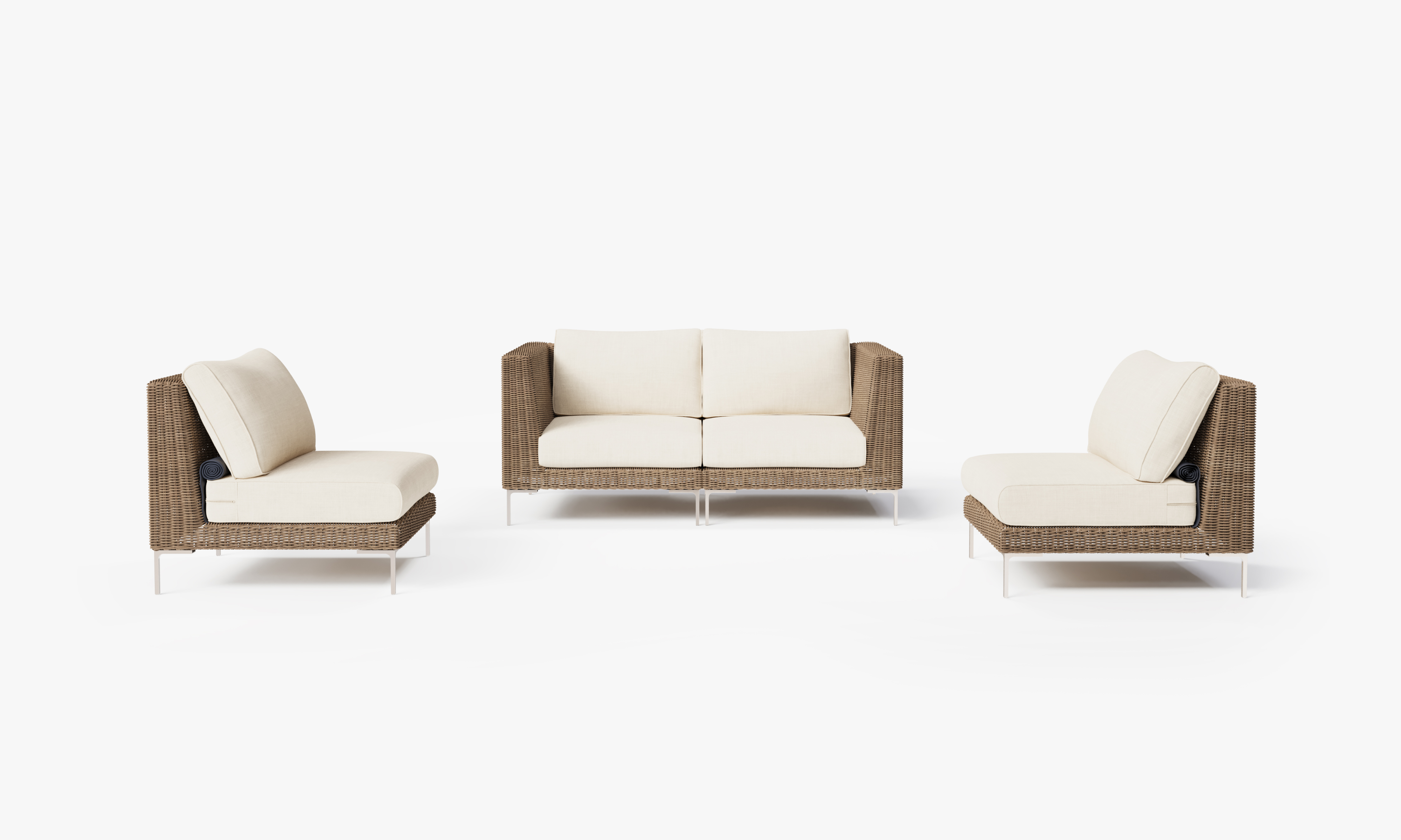Brown Wicker Outdoor Loveseat with Armless Chairs - 4 Seat, front. Comfortable, durable, and weather resistant outdoor seating with memory foam. #color_palisades cream