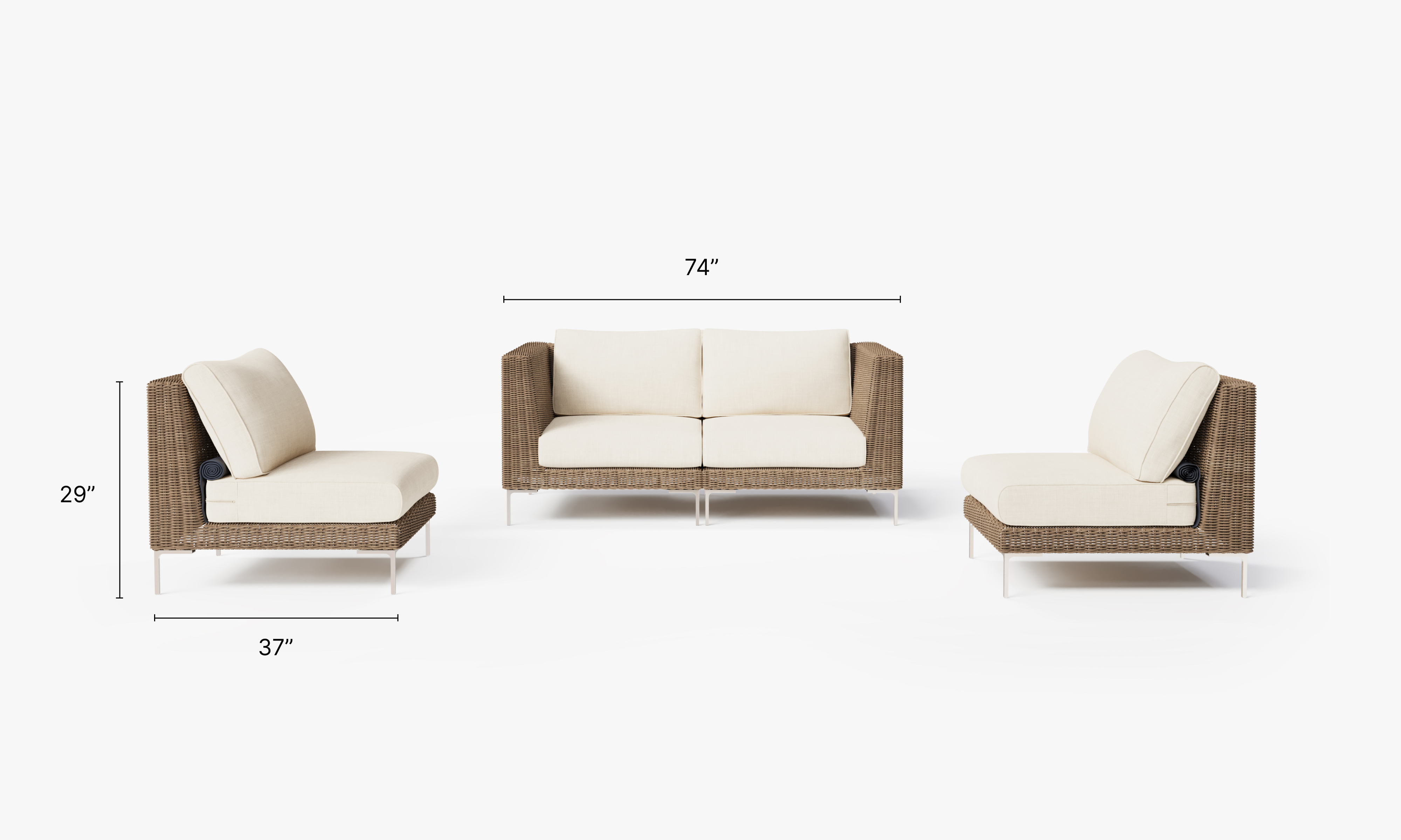 Brown Wicker Outdoor Loveseat with Armless Chairs - 4 Seat dimensions in inches, also listed under Dimensions and Weights. #color_palisades cream
