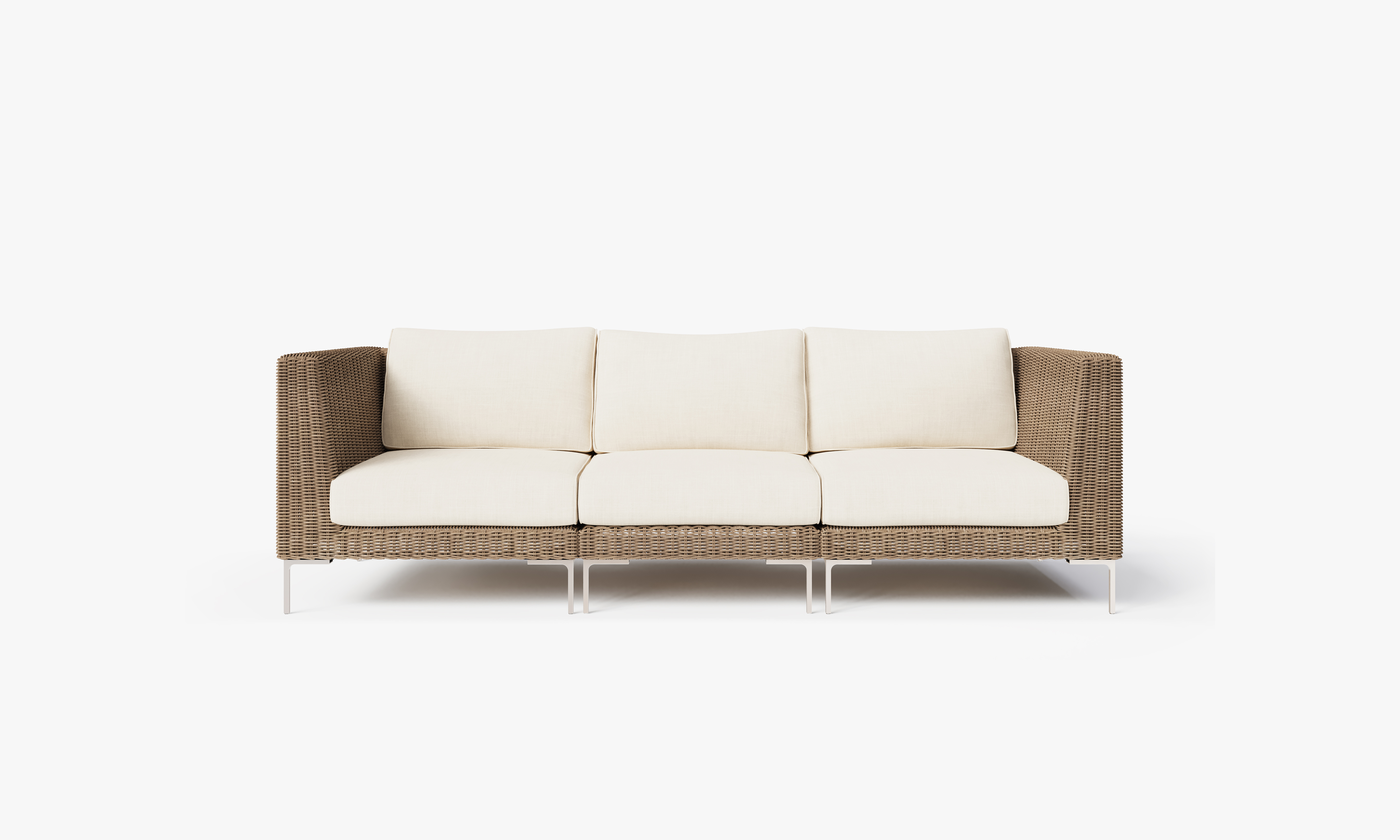 Brown Wicker Outdoor Sofa - 3 Seat, front. Comfortable, durable, and weather resistant outdoor seating with memory foam. #color_palisades cream