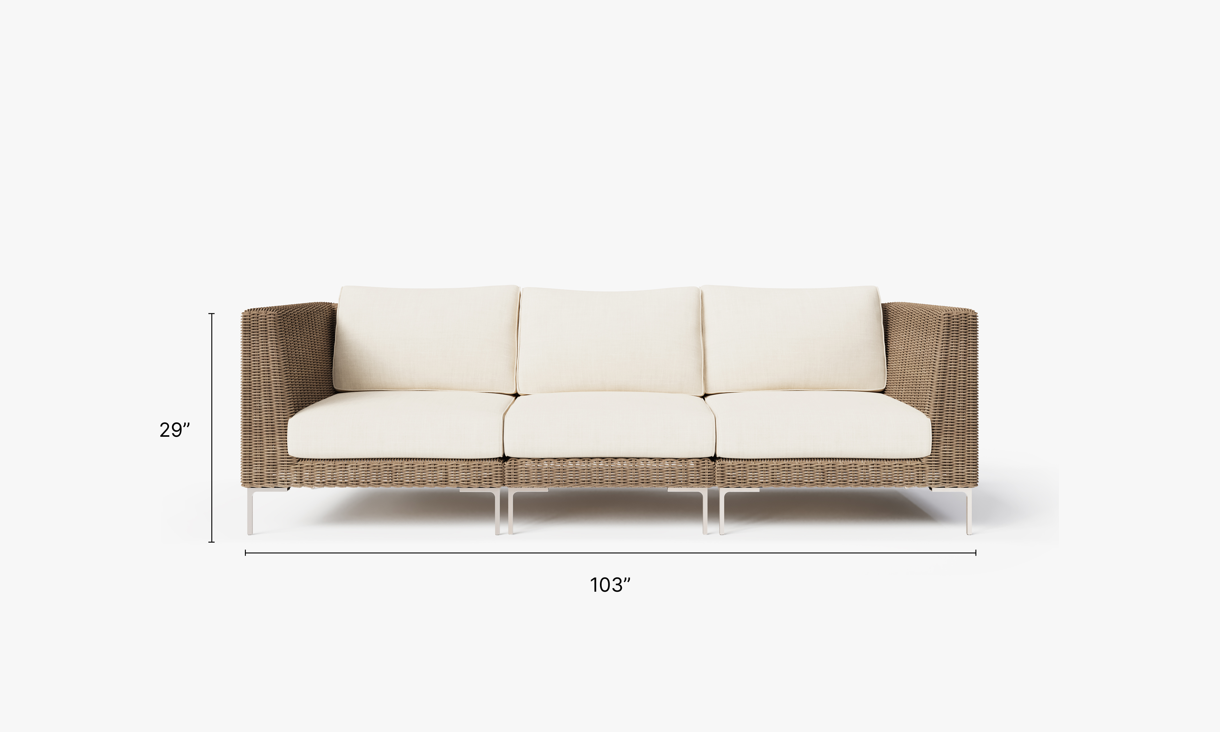 Brown Wicker Outdoor Sofa - 3 Seat dimensions in inches, also listed under Dimensions and Weights. #color_palisades cream