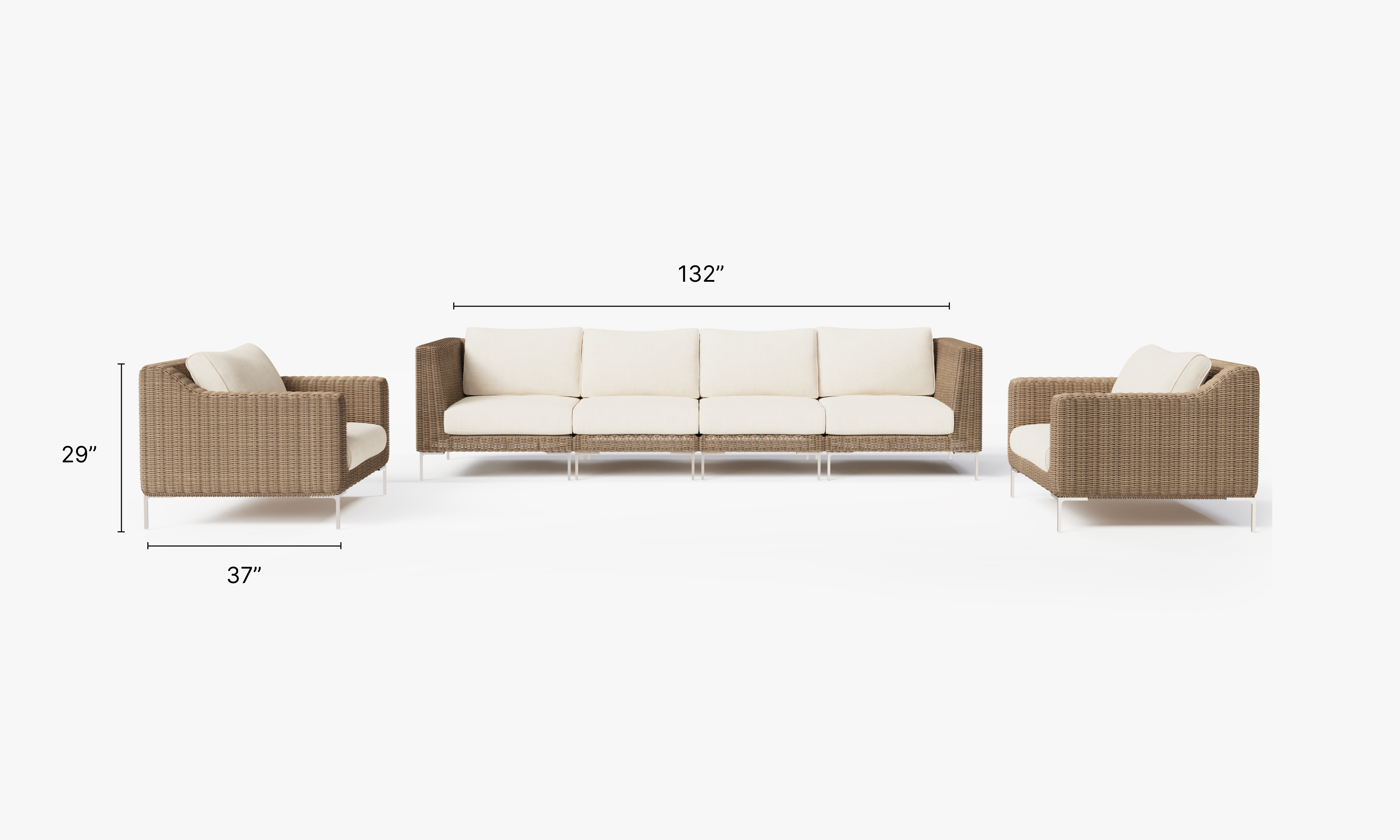 Brown Wicker Outdoor Sofa with Armchairs - 6 Seat dimensions in inches, also listed under Dimensions and Weights. #color_palisades cream