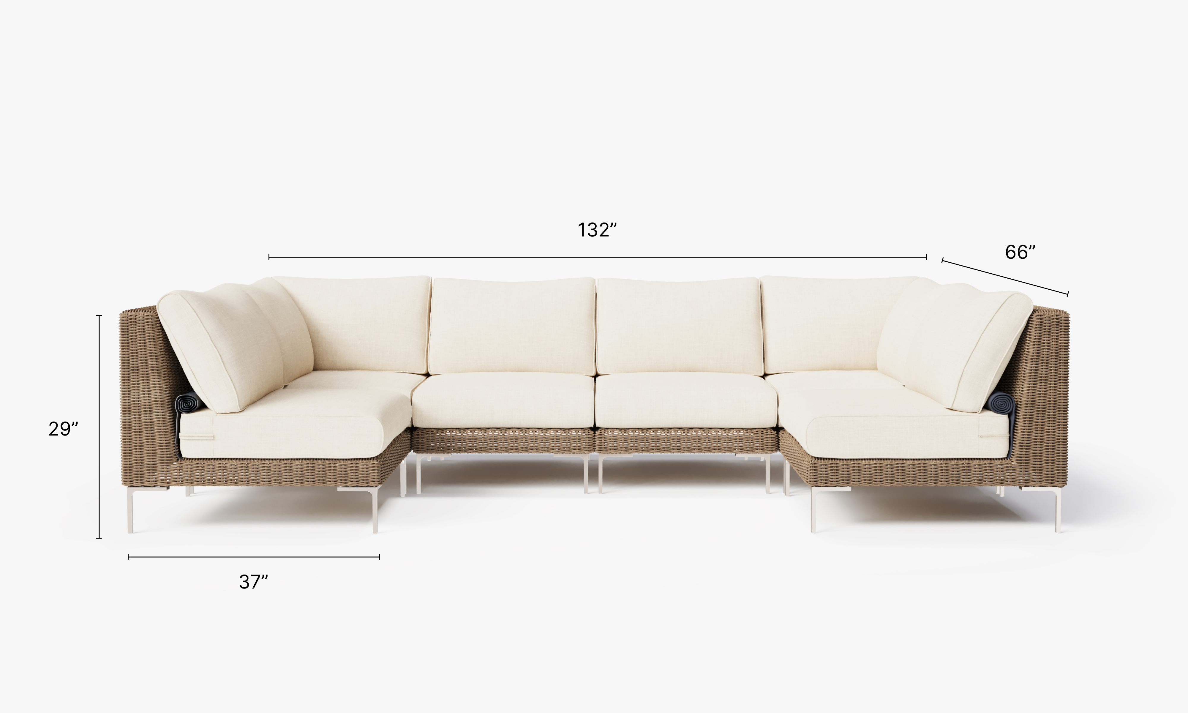 Brown Wicker Outdoor U Sectional - 6 Seat dimensions in inches, also listed under Dimensions and Weights. #color_palisades cream
