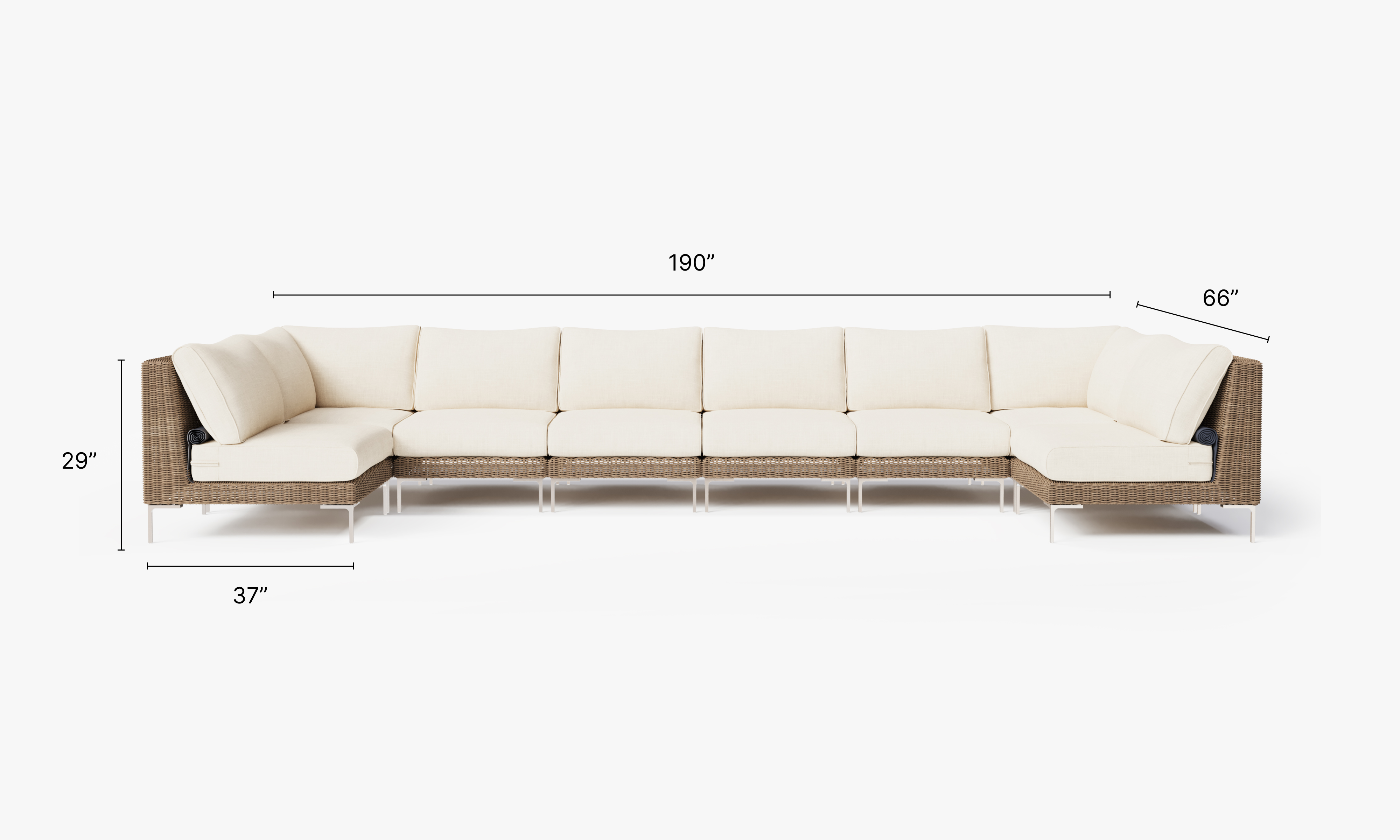 Brown Wicker Outdoor U Sectional - 8 Seat dimensions in inches, also listed under Dimensions and Weights. #color_palisades cream