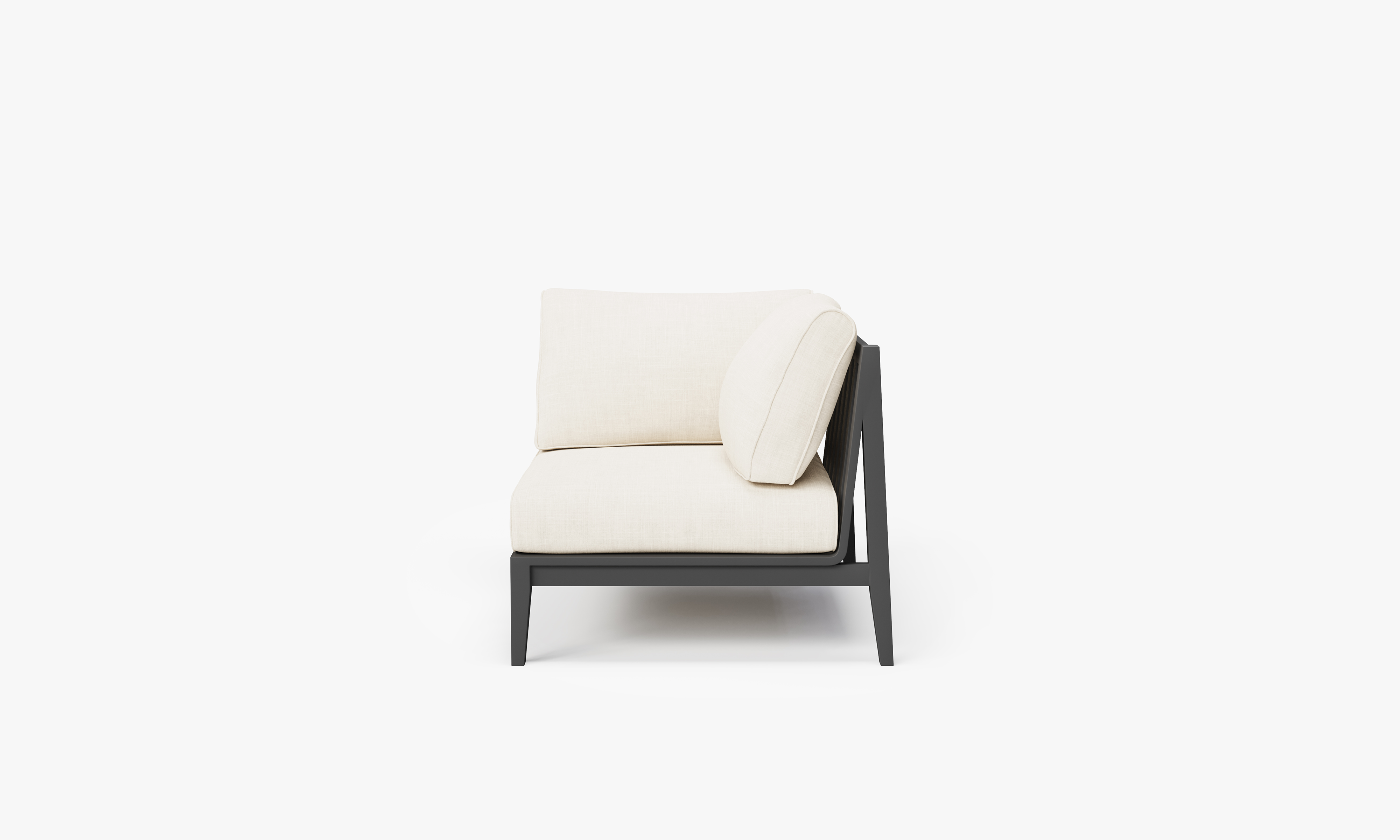 Charcoal Aluminum Outdoor Corner Chair - Left, front. Comfortable, durable, and weather resistant outdoor seating with memory foam. #color_palisades cream