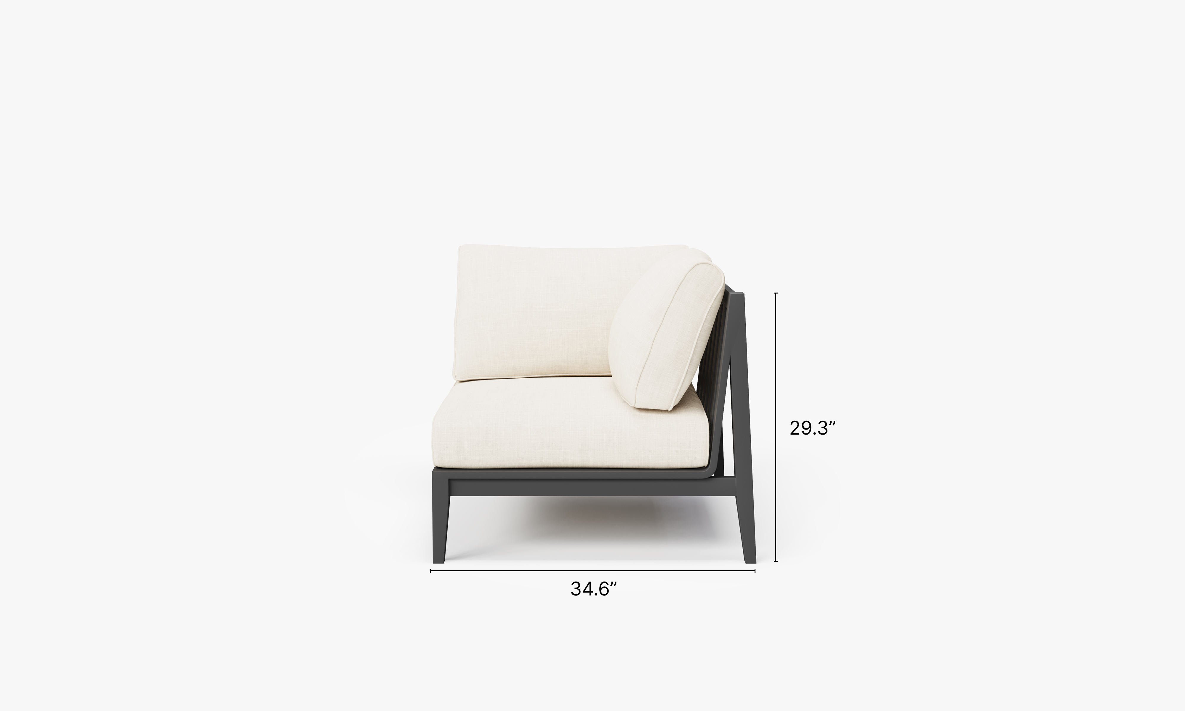 Charcoal Aluminum Outdoor Corner Chair - Left dimensions in inches, also listed under Dimensions and Weights. #color_palisades cream