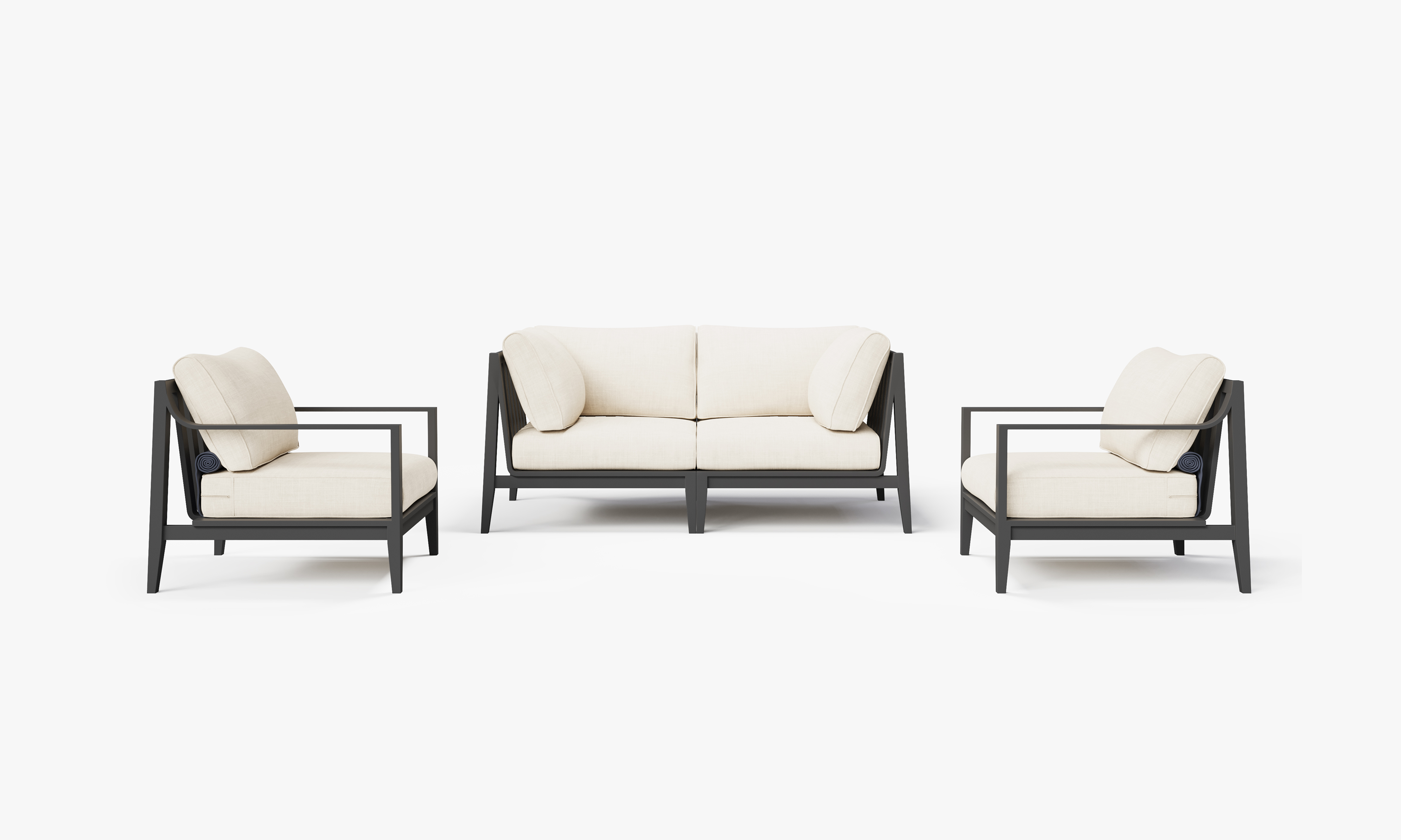 Charcoal Aluminum Outdoor Loveseat with Armchairs - 4 Seat, front. Comfortable, durable, and weather resistant outdoor seating with memory foam. #color_palisades cream