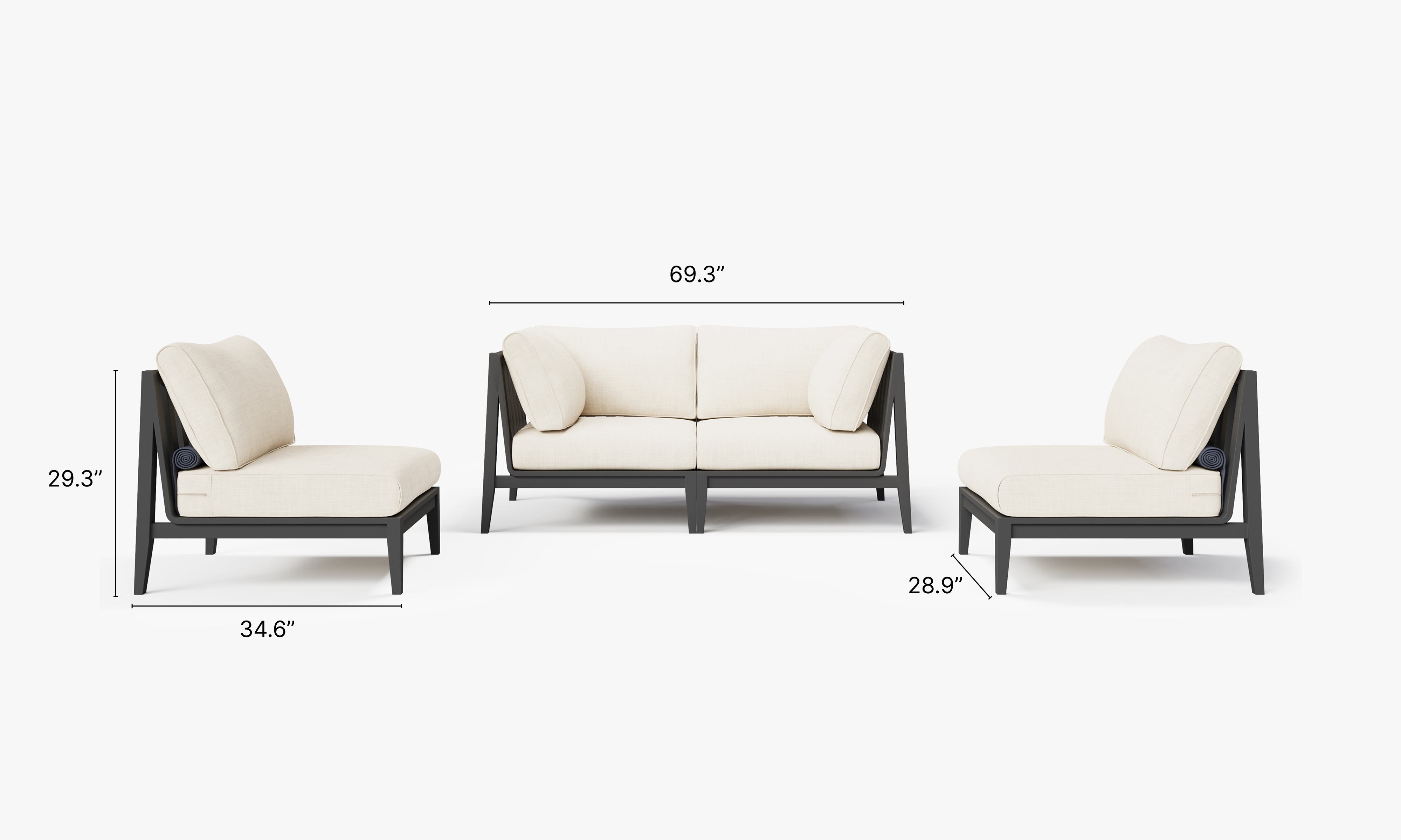 Charcoal Aluminum Outdoor Loveseat with Armless Chairs - 4 Seat dimensions in inches, also listed under Dimensions and Weights. #color_palisades cream