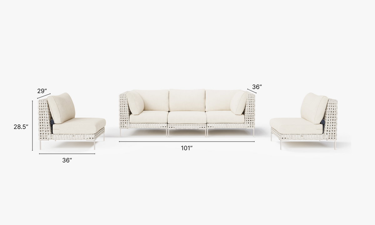 Open Weave Wicker Outdoor Sofa with Armless Chairs - 5 Seat in Palisades Cream #color_palisades cream