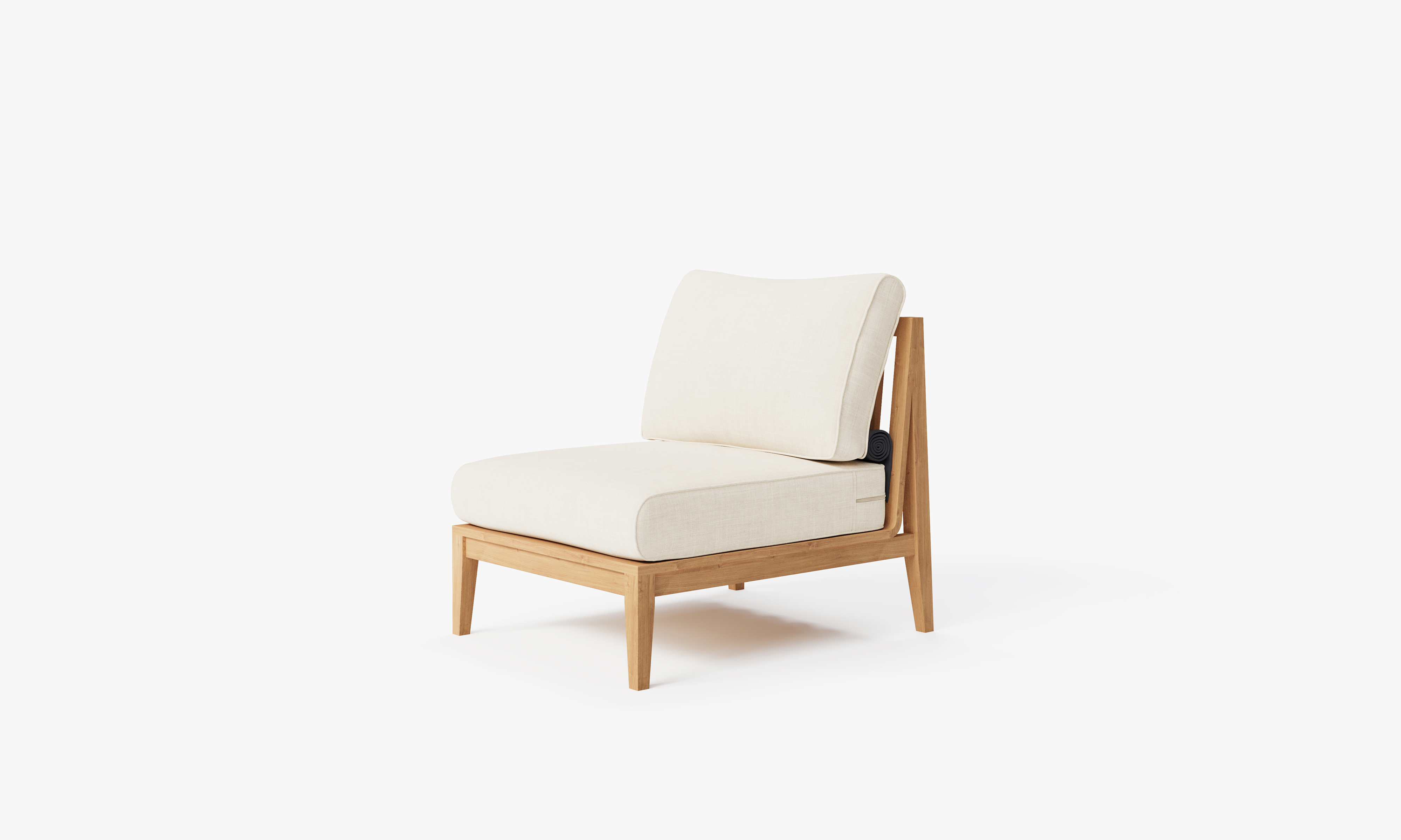 Teak outdoor armless chair with cream cushions, featuring a sturdy wooden frame and slatted design, perfect for patio or garden seating.-teak outdoor sofa-outer #color_palisades cream