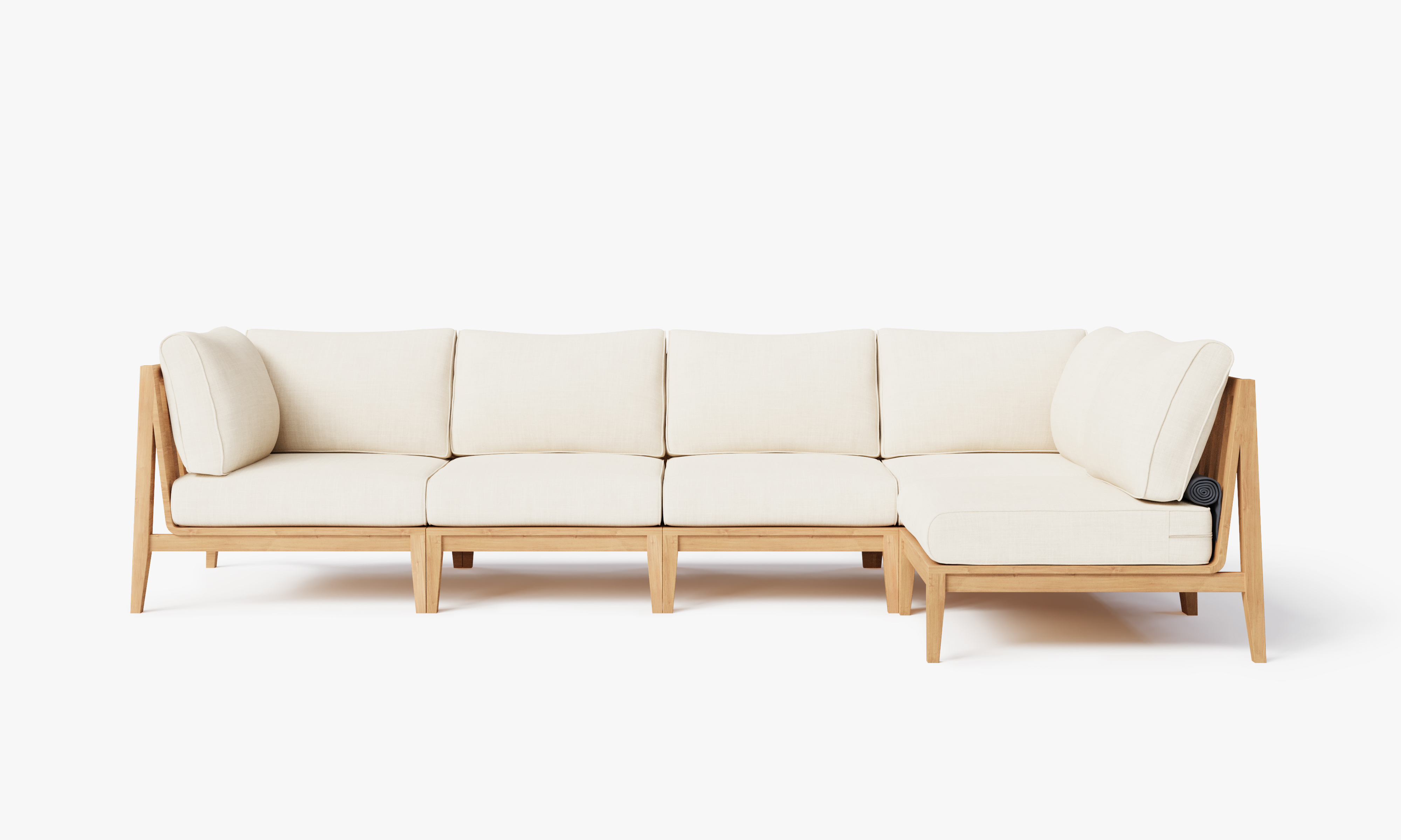 Teak outdoor L sectional sofa with 5 cream cushions arranged in an inviting seating area.-teak outdoor sofa-outer #color_palisades cream