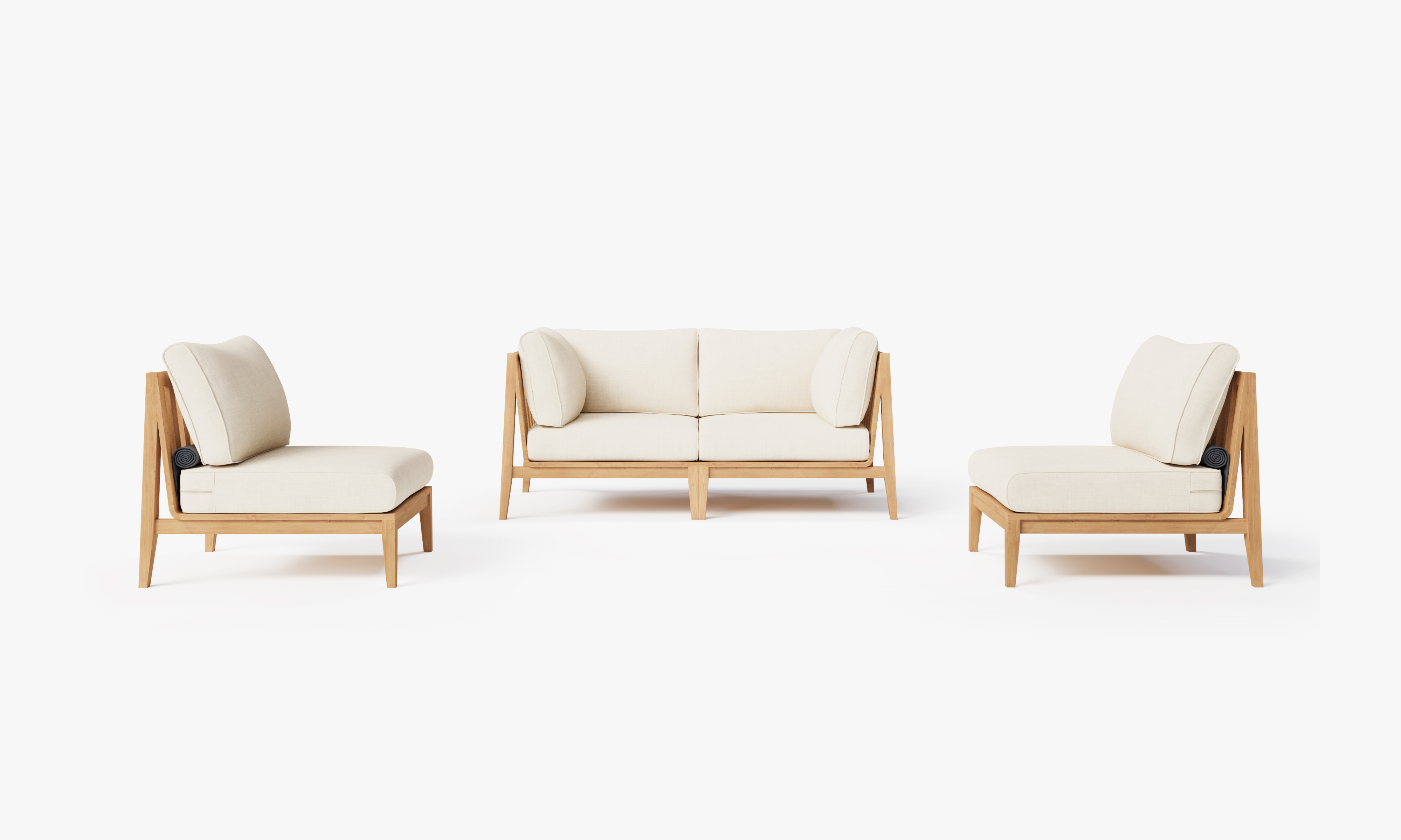 Teak outdoor loveseat with armless chairs, featuring cream cushions and a natural wood finish.-teak outdoor sofa-outer #color_palisades cream