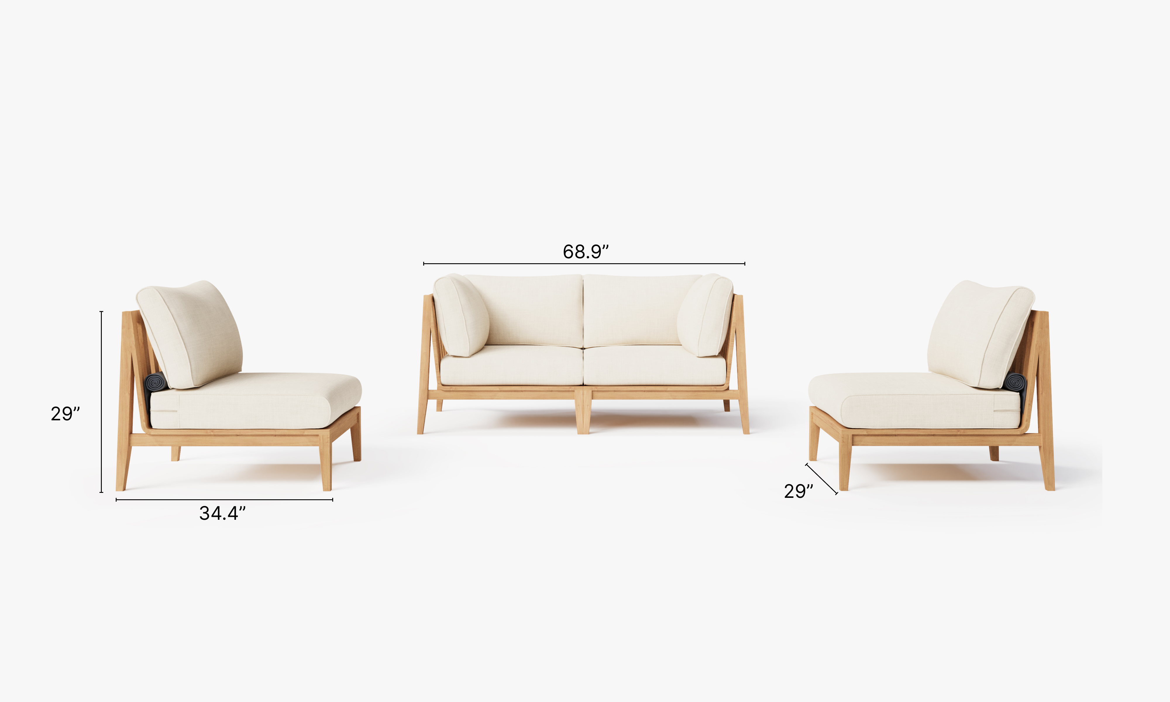 A teak outdoor loveseat with armless design, featuring white cushions and a slatted wood frame, placed on a patio with greenery in the background.-teak outdoor sofa-outer #color_palisades cream
