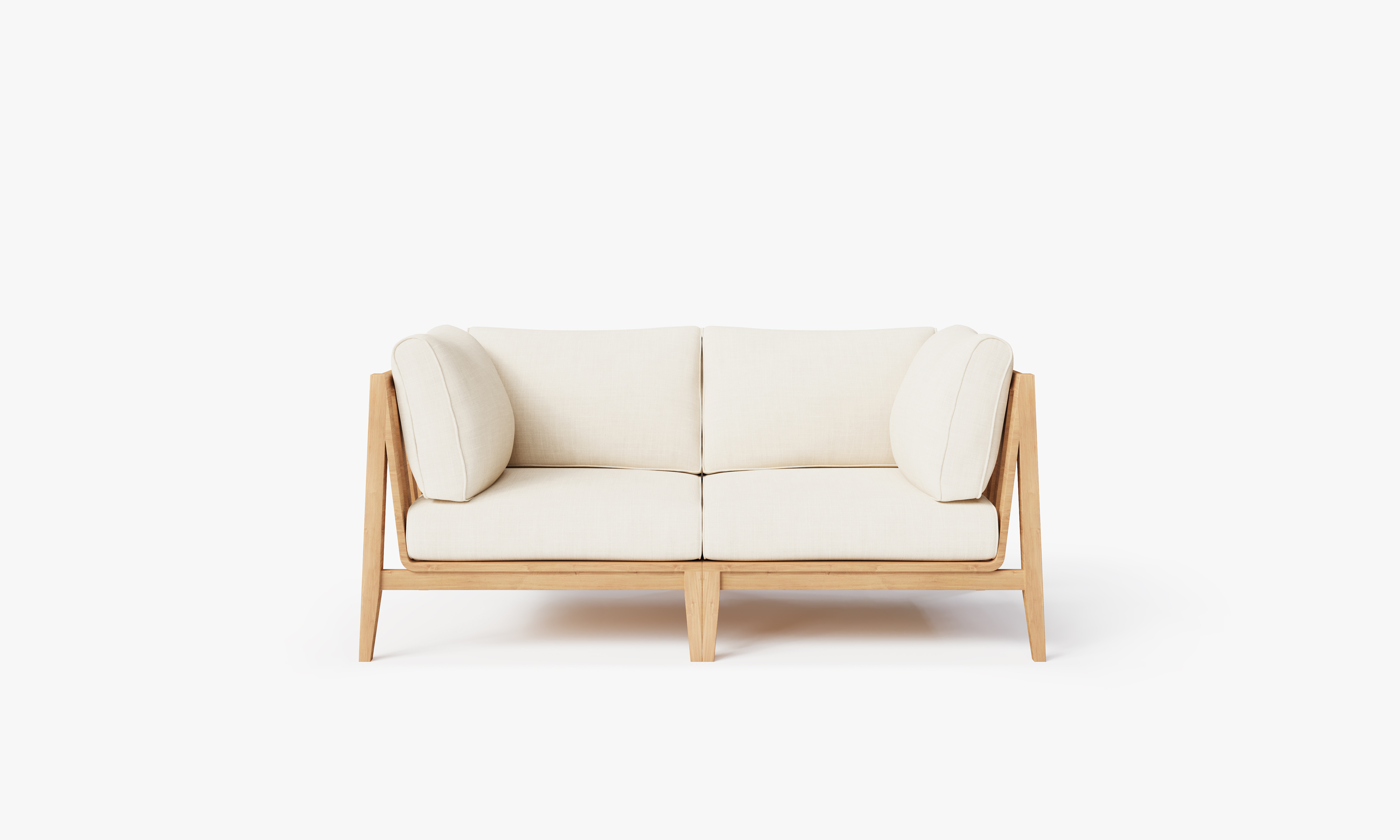 Teak outdoor loveseat with cream cushions, featuring a sturdy wooden frame and slatted design, ideal for patio or garden seating.-teak outdoor sofa-outer #color_palisades cream
