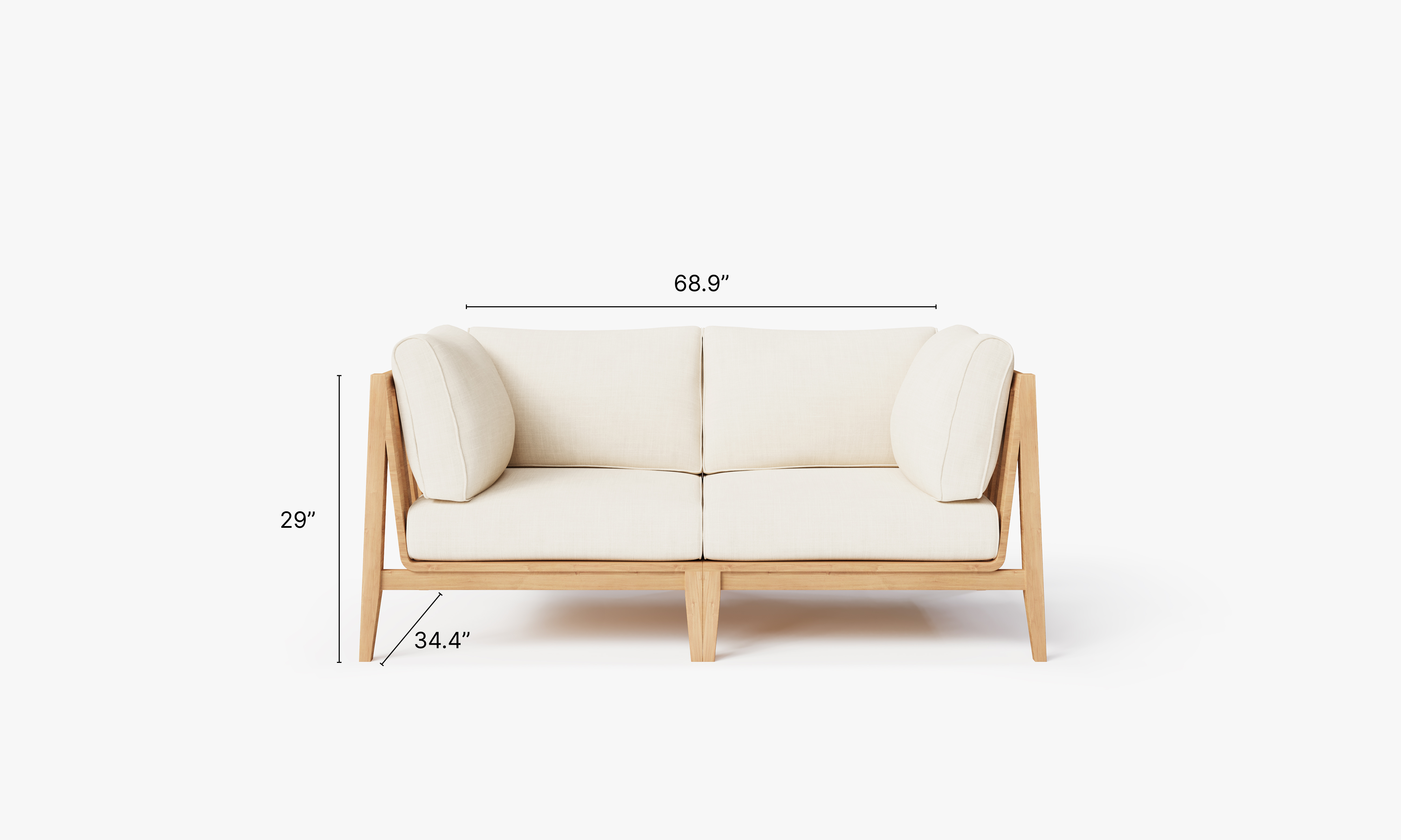Teak outdoor loveseat with cream cushions, featuring a sturdy wooden frame and comfortable seating designed for outdoor use.-teak outdoor sofa-outer #color_palisades cream
