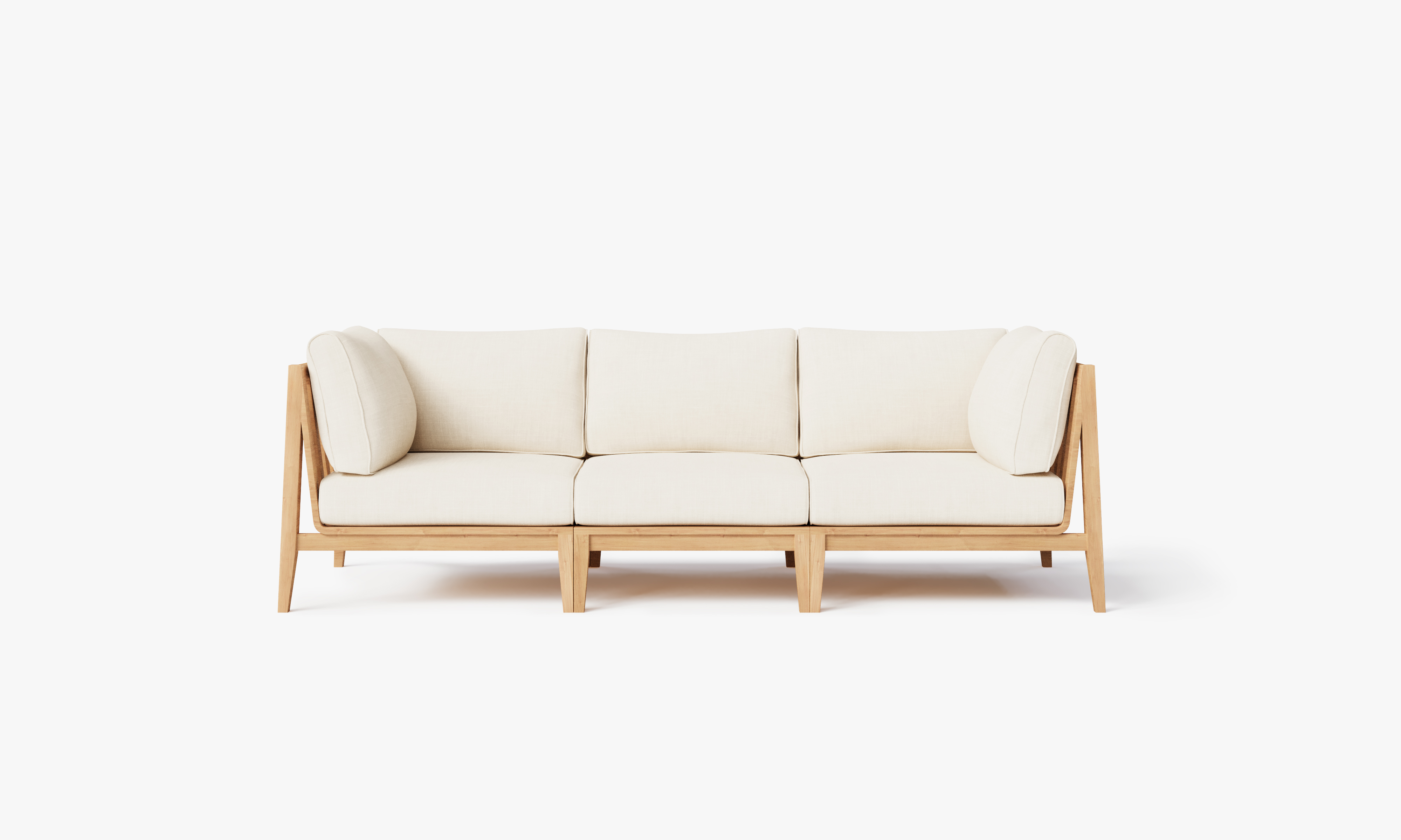 Teak outdoor sofa with 3 seat cushions in cream color, featuring a sturdy wooden frame and plush seating, designed for comfortable outdoor use.-teak outdoor sofa-outer #color_palisades cream