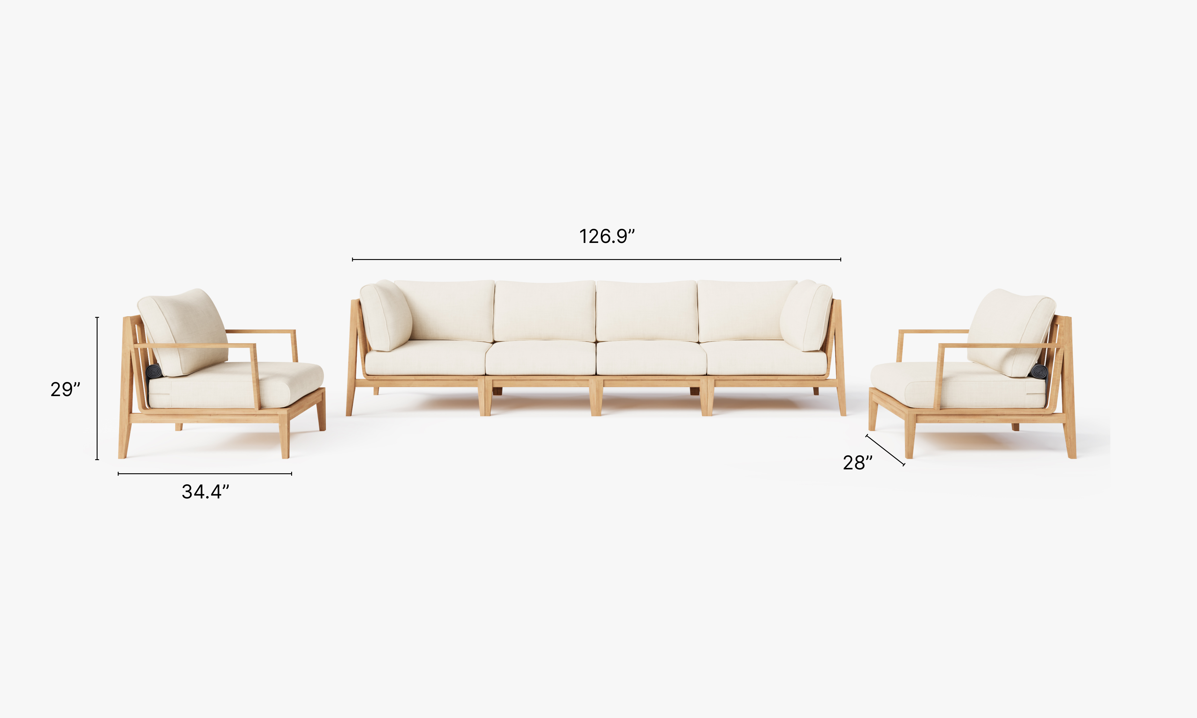 Teak outdoor sofa with matching armchairs arranged around a low coffee table on a patio, featuring cream cushions and a modern, clean design.-teak outdoor sofa-outer #color_palisades cream