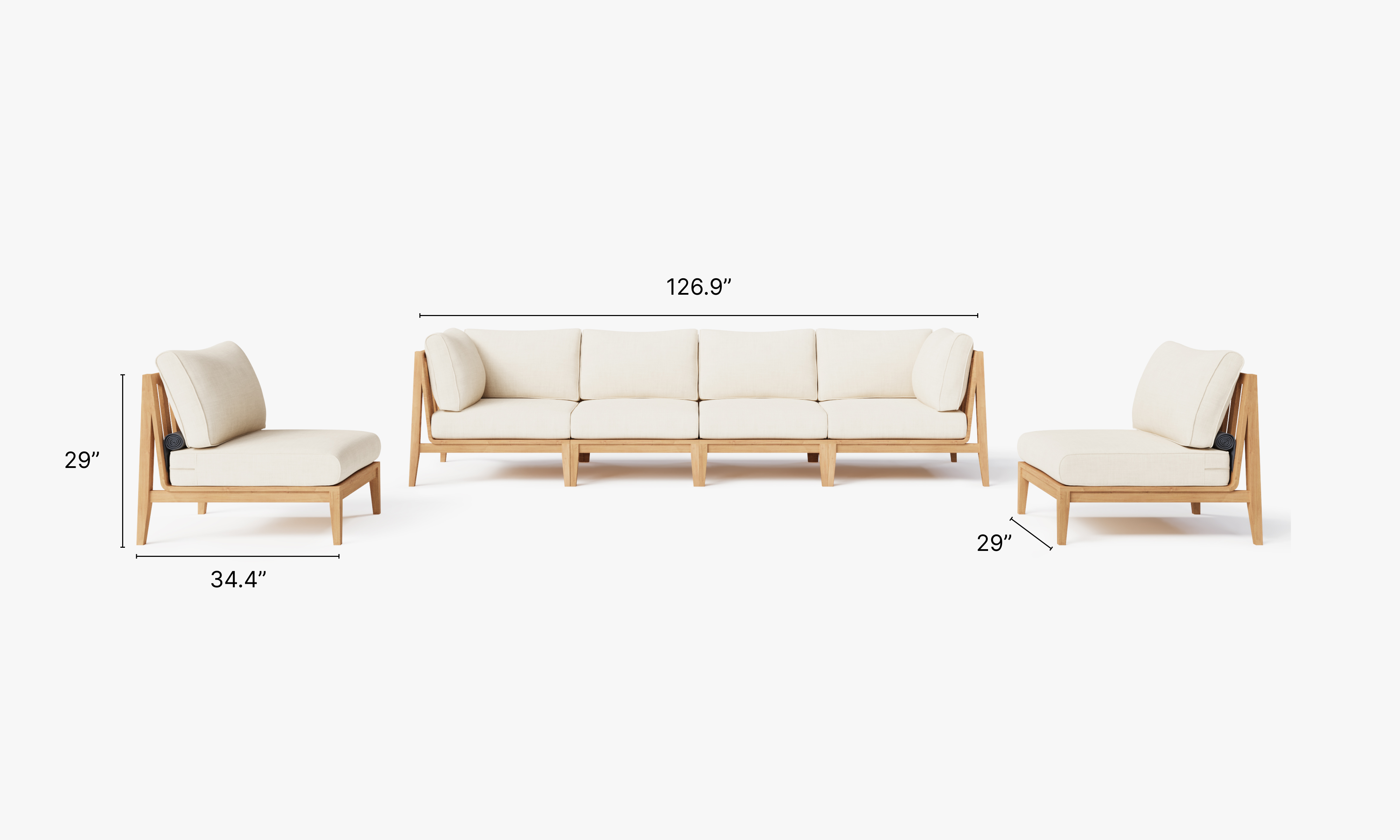 A teak outdoor sofa with armless design, featuring white cushions and a natural wood frame, placed on a wooden deck with greenery in the background.-teak outdoor sofa-outer #color_palisades cream