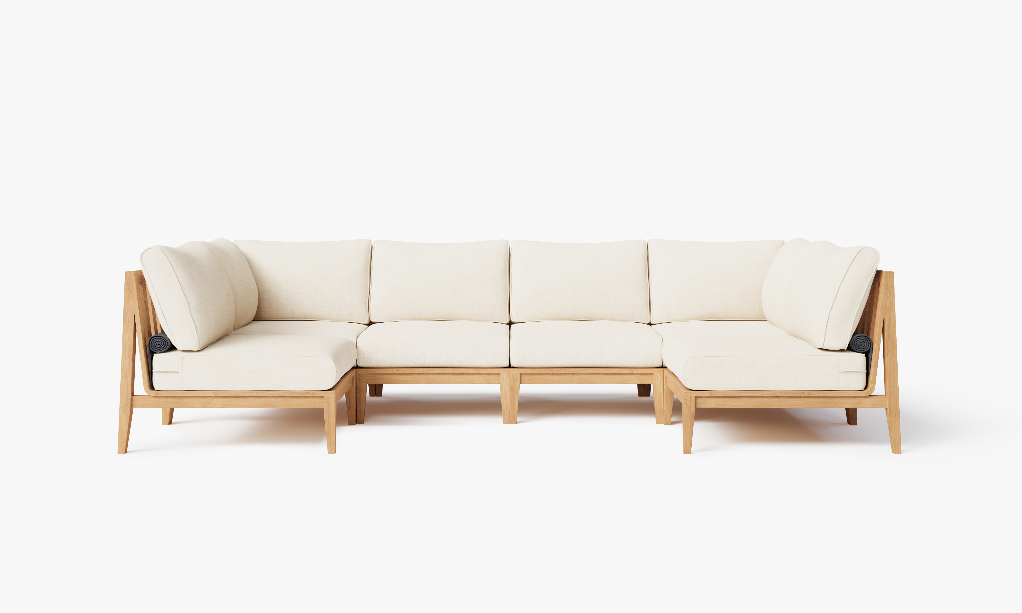 Teak outdoor U sectional sofa with 6 cream cushions arranged on a wooden deck, featuring a modern and spacious design for comfortable seating.-teak outdoor sofa-outer #color_palisades cream