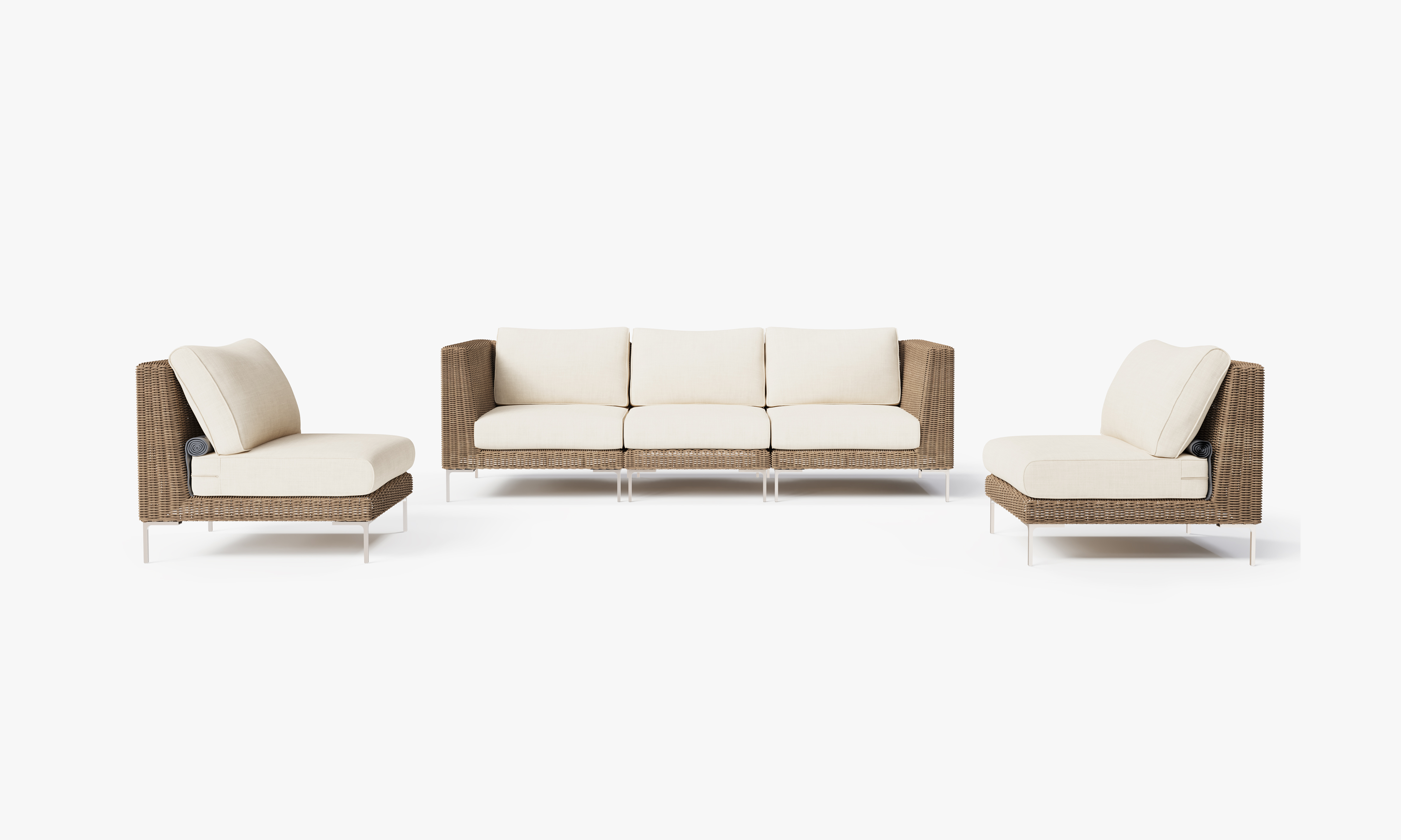 Brown Wicker Outdoor Sofa with Armless Chairs - 5 Seat, front. Comfortable, durable, and weather resistant outdoor seating with memory foam. #color_palisades cream