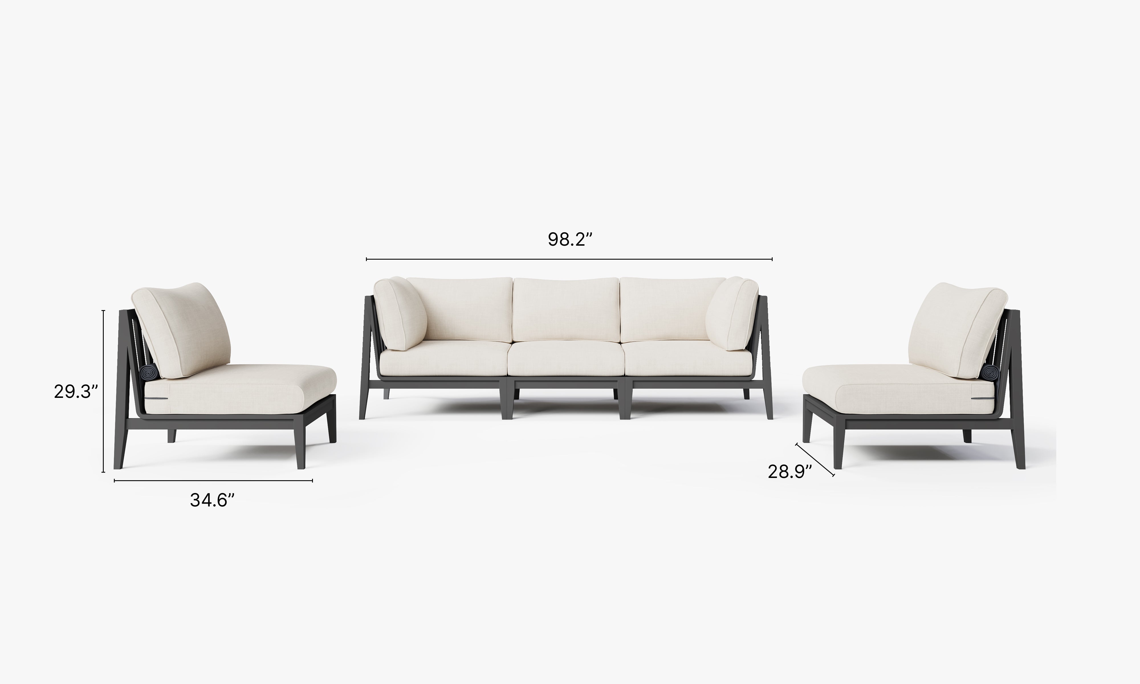 Charcoal Aluminum Outdoor Sofa with Armless Chairs - 5 Seat dimensions in inches, also listed under Dimensions and Weights. #color_palisades cream