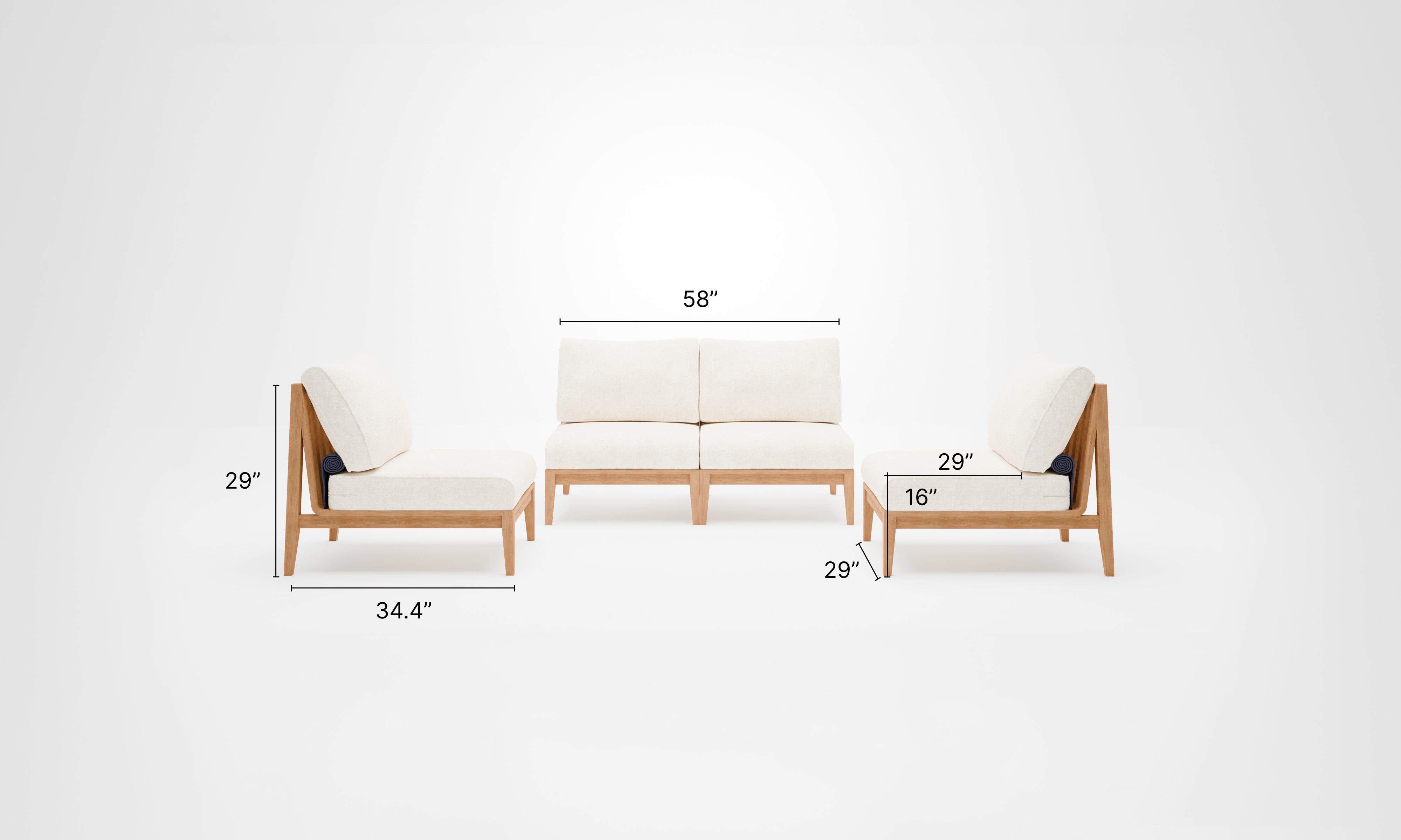 A teak outdoor loveseat with armless design, featuring white cushions and a slatted wood frame, placed on a patio with greenery in the background.-teak outdoor sofa-outer #color_palisades cream