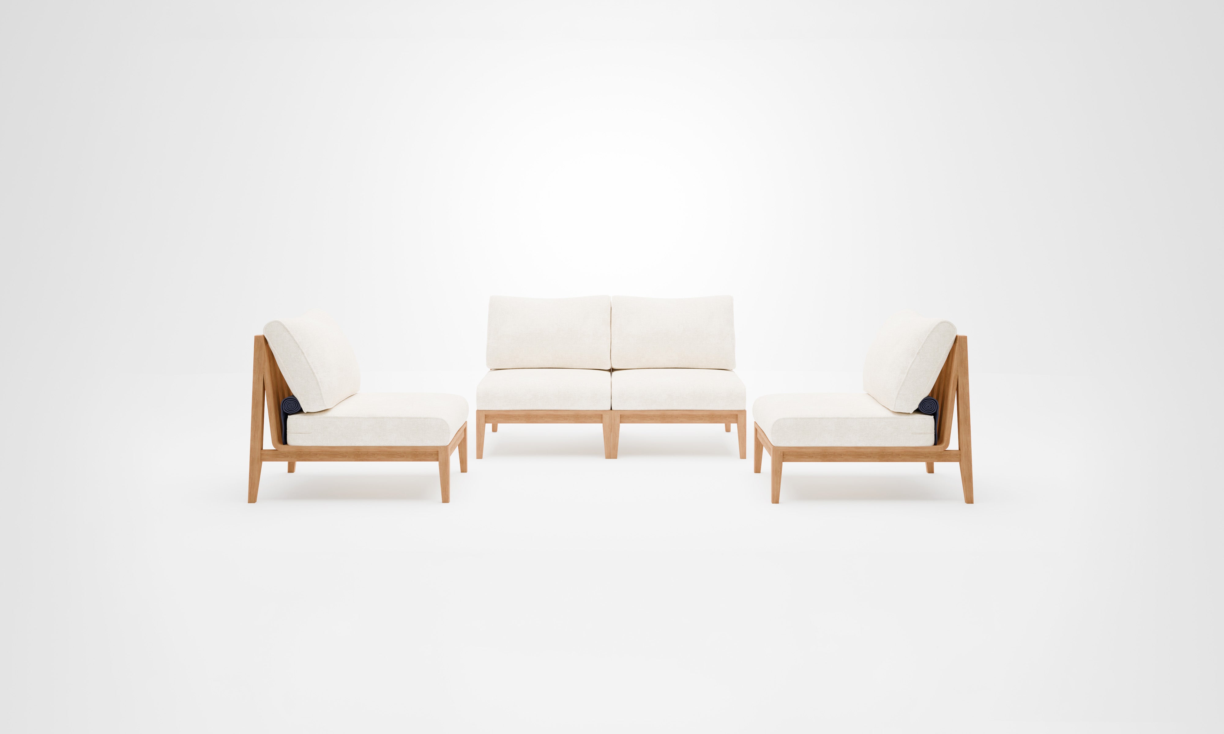 Teak outdoor loveseat with armless chairs, featuring cream cushions and a natural wood finish.-teak outdoor sofa-outer #color_palisades cream