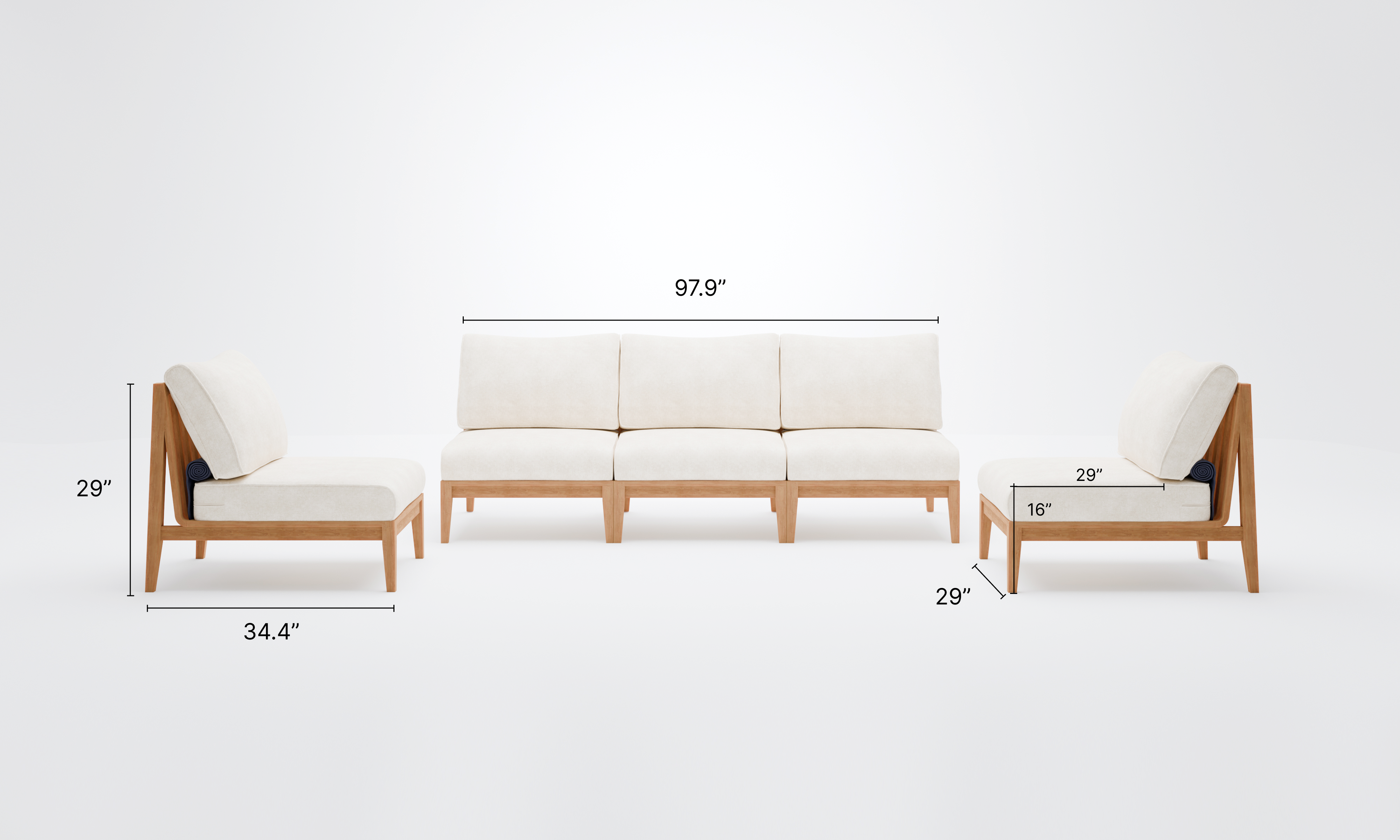 A teak outdoor sofa with armless design, featuring white cushions and a slatted wooden frame, set against a minimalistic white background.-teak outdoor sofa-outer #color_palisades cream
