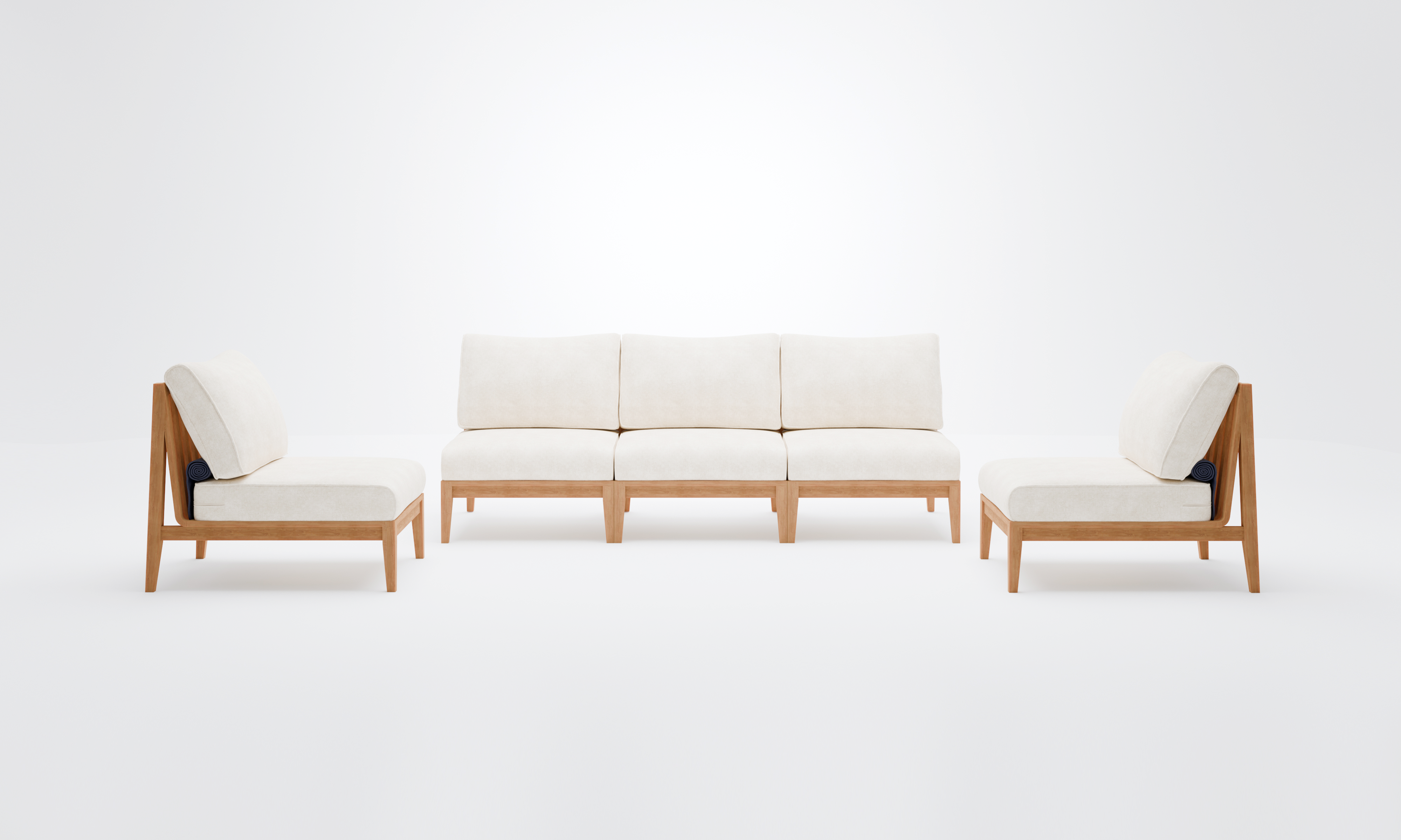 Teak outdoor sofa with cream cushions, featuring an armless design and accompanied by matching armless chairs, set on a wooden deck.-teak outdoor sofa-outer #color_palisades cream