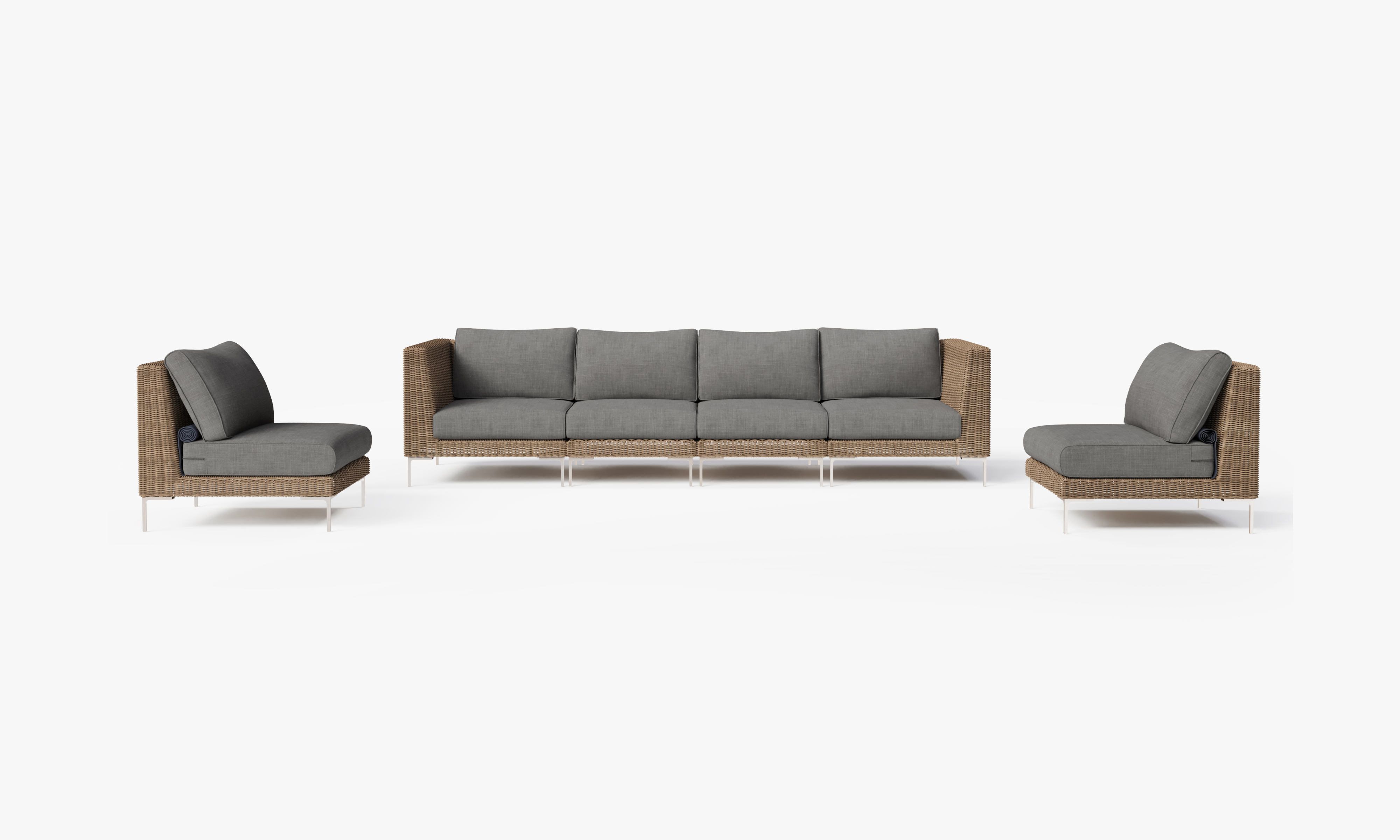 Brown Wicker Outdoor Sofa with Armless Chairs - 6 Seat, front. Comfortable, durable, and weather resistant outdoor seating with memory foam. #color_dark pebble gray