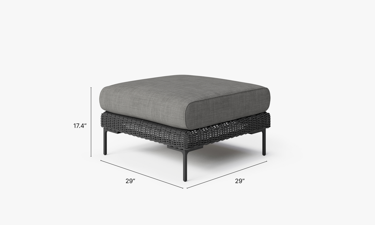 Black Wicker Outdoor Ottoman dimensions in inches, also listed under Dimensions and Weights. #color_dark pebble gray