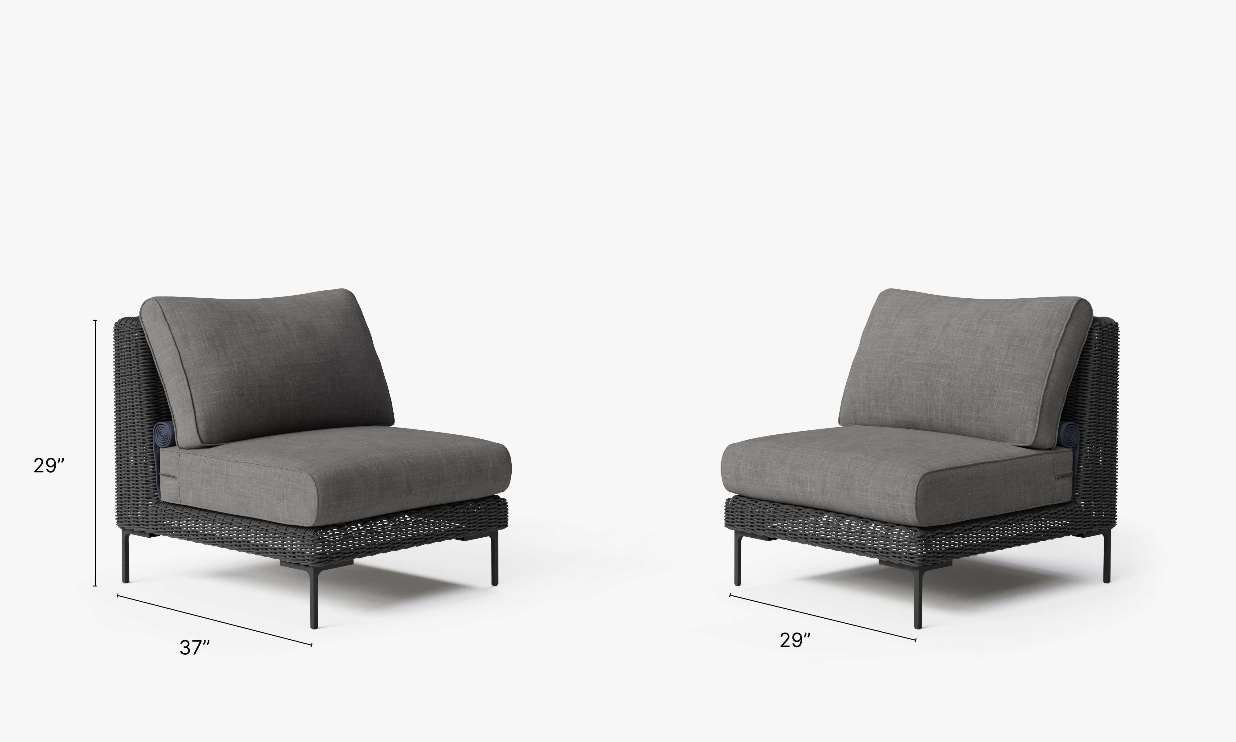 Black Wicker Outdoor Armless Chair Conversation Set dimensions in inches, also listed under Dimensions and Weights. #color_dark pebble gray