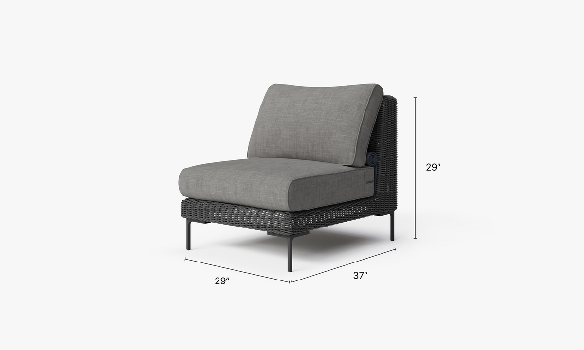 Black Wicker Outdoor Armless Chair dimensions in inches, also listed under Dimensions and Weights. #color_dark pebble gray