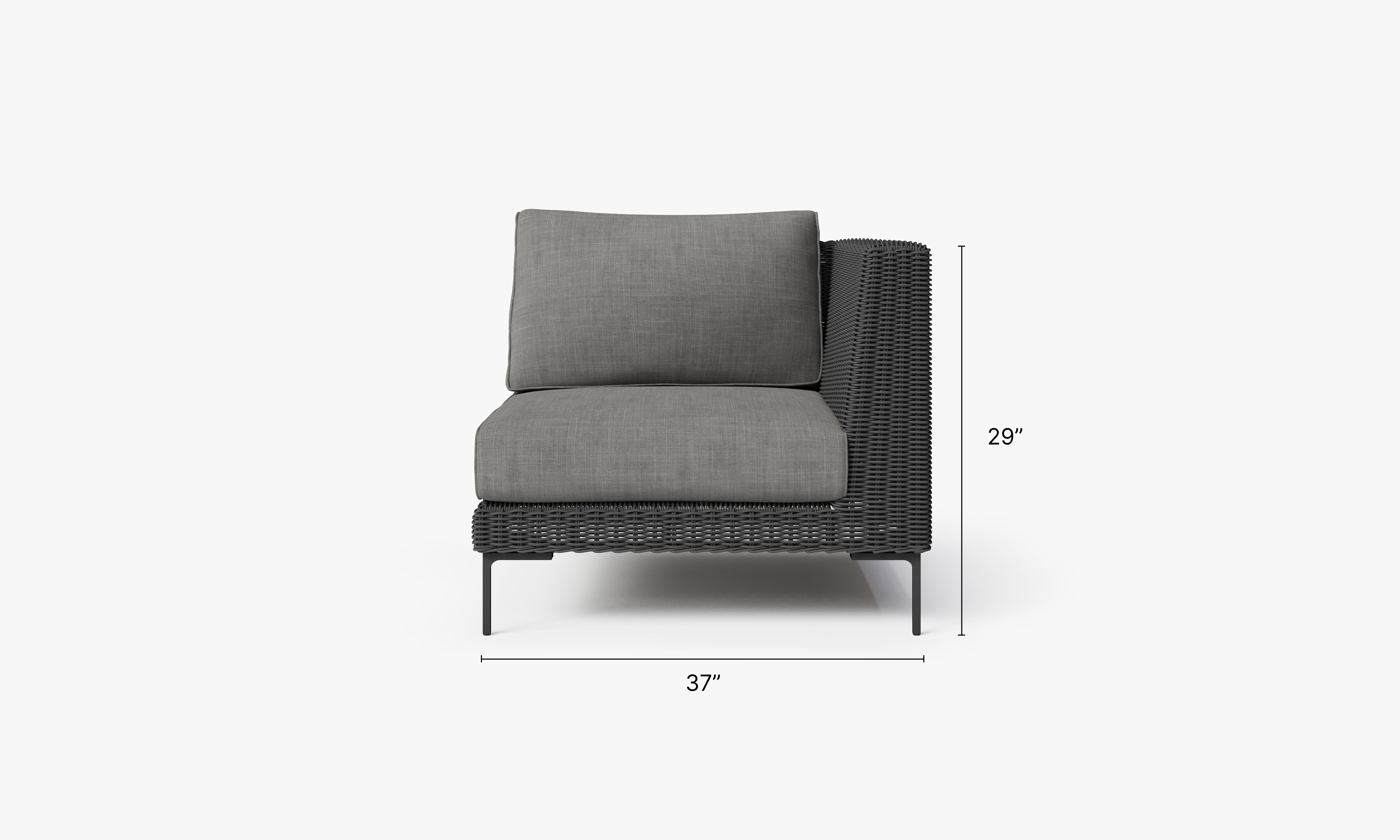 Black Wicker Outdoor Corner Chair - Left/Right dimensions in inches, also listed under Dimensions and Weights. #color_dark pebble gray