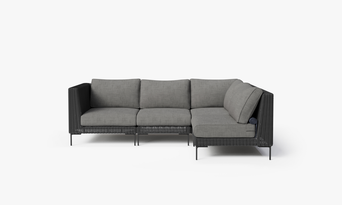 Black Wicker Outdoor L Sectional - 4 Seat, front. Comfortable, durable, and weather resistant outdoor seating with memory foam. #color_dark pebble gray