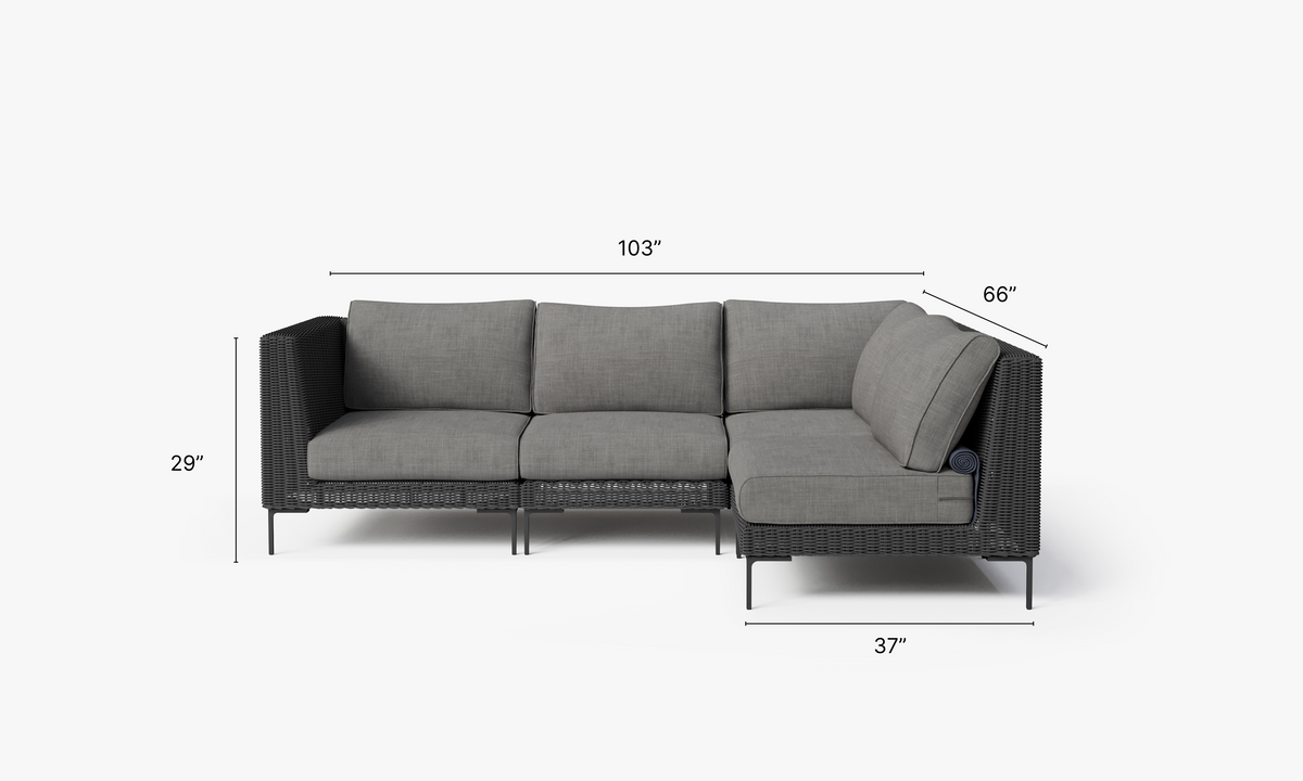 Black Wicker Outdoor L Sectional - 4 Seat dimensions in inches, also listed under Dimensions and Weights. #color_dark pebble gray