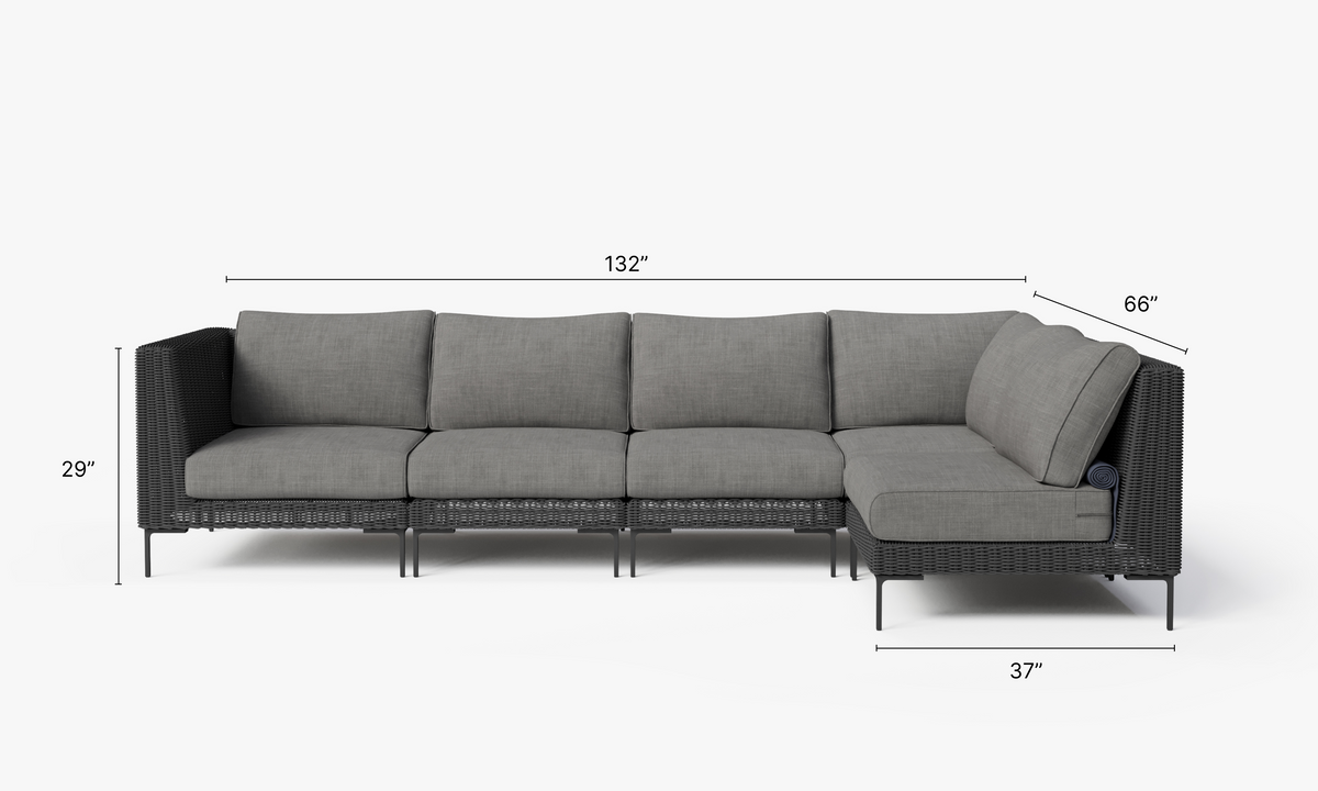 Black Wicker Outdoor L Sectional - 5 Seat dimensions in inches, also listed under Dimensions and Weights. #color_dark pebble gray