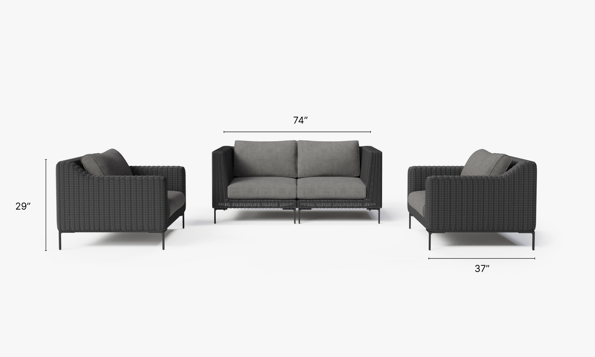 Black Wicker Outdoor Loveseat with Armchairs - 4 Seat dimensions in inches, also listed under Dimensions and Weights. #color_dark pebble gray