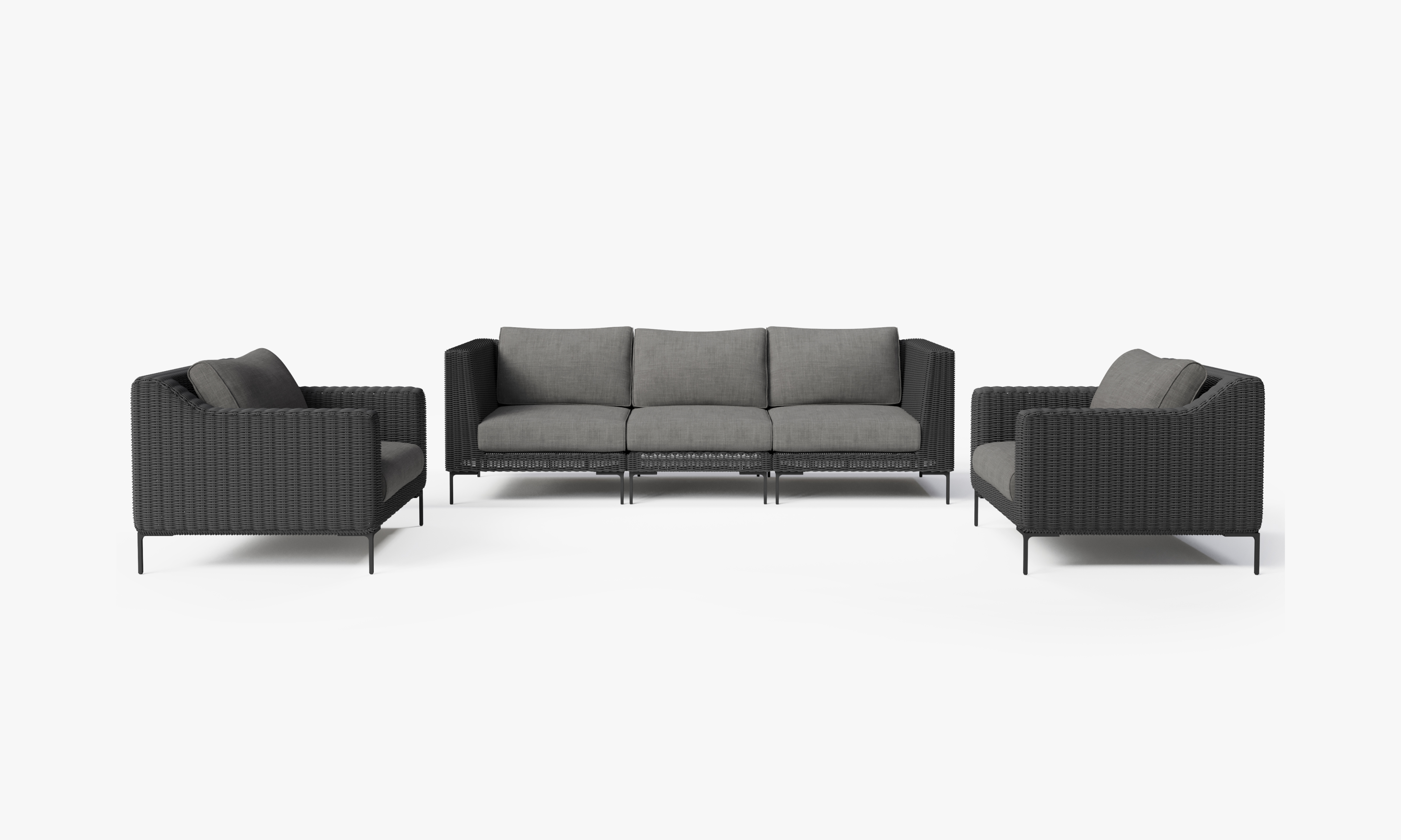 Black Wicker Outdoor Sofa with Armchairs - 5 Seat, front. Comfortable, durable, and weather resistant outdoor seating with memory foam. #color_dark pebble gray