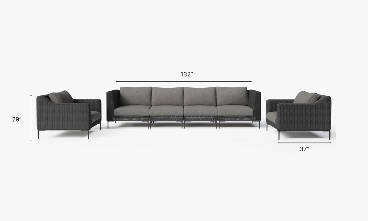 Black Wicker Outdoor Sofa with Armless Chairs - 6 Seat dimensions in inches, also listed under Dimensions and Weights. #color_dark pebble gray