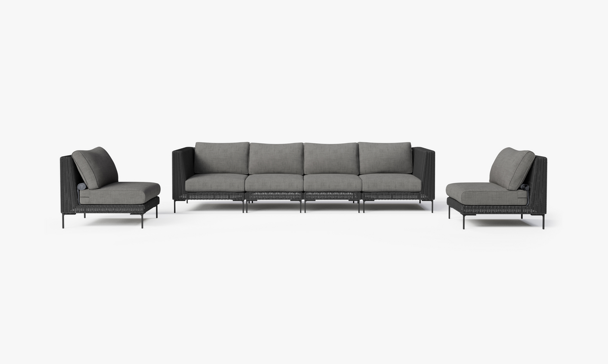 Black Wicker Outdoor Sofa with Armless Chairs - 6 Seat, front. Comfortable, durable, and weather resistant outdoor seating with memory foam. #color_dark pebble gray