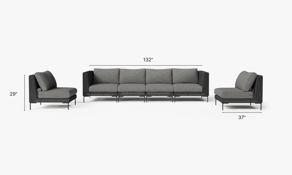 Black Wicker Outdoor Sofa with Armless Chairs - 6 Seat dimensions in inches, also listed under Dimensions and Weights. #color_dark pebble gray