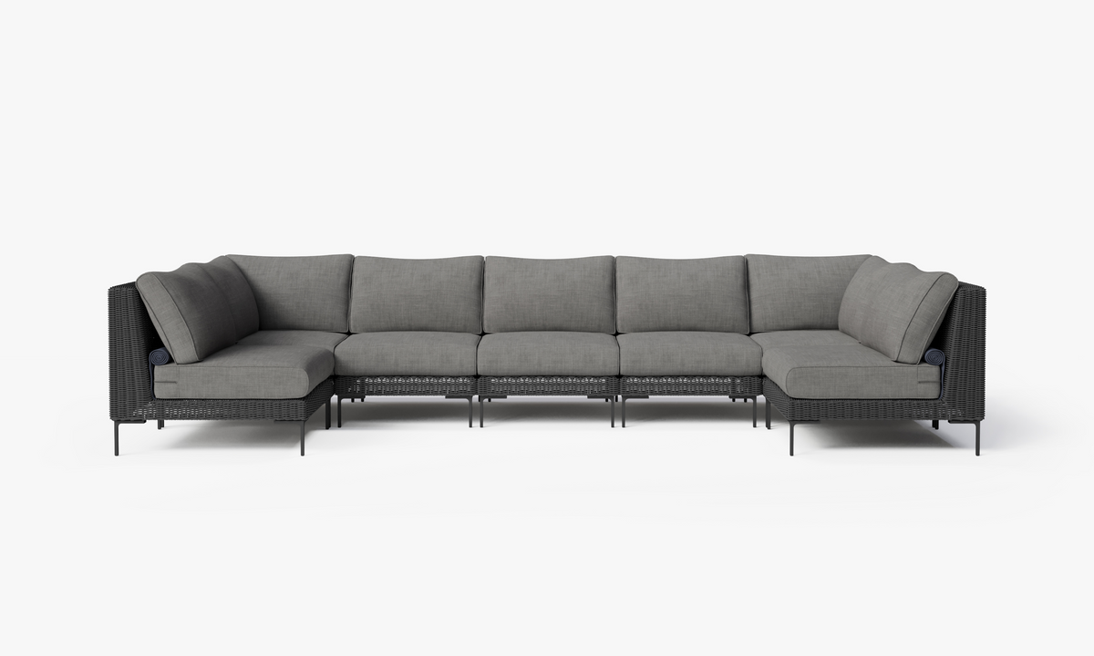 Black Wicker Outdoor U Sectional - 7 Seat, front. Comfortable, durable, and weather resistant outdoor seating with memory foam. #color_dark pebble gray