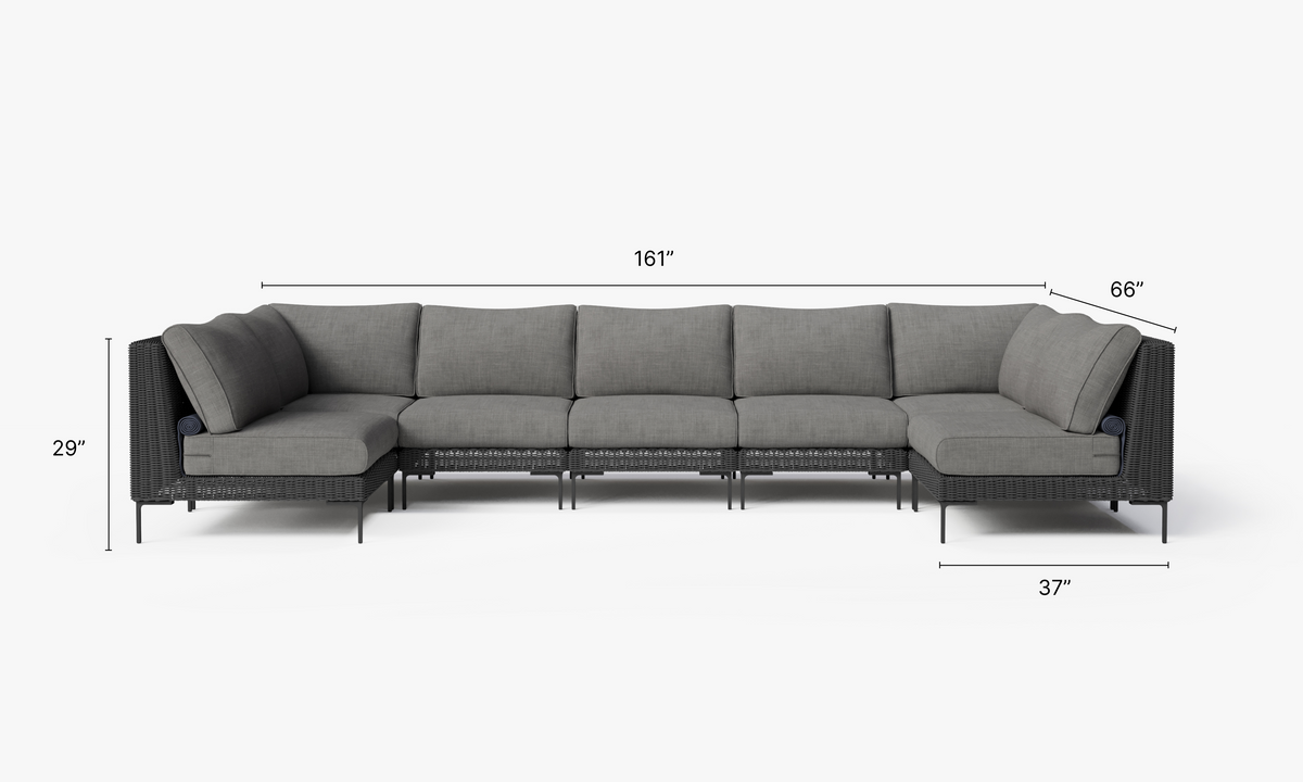 Black Wicker Outdoor U Sectional - 7 Seat dimensions in inches, also listed under Dimensions and Weights. #color_dark pebble gray