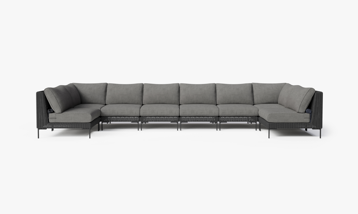 Black Wicker Outdoor U Sectional - 8 Seat, front. Comfortable, durable, and weather resistant outdoor seating with memory foam. #color_dark pebble gray