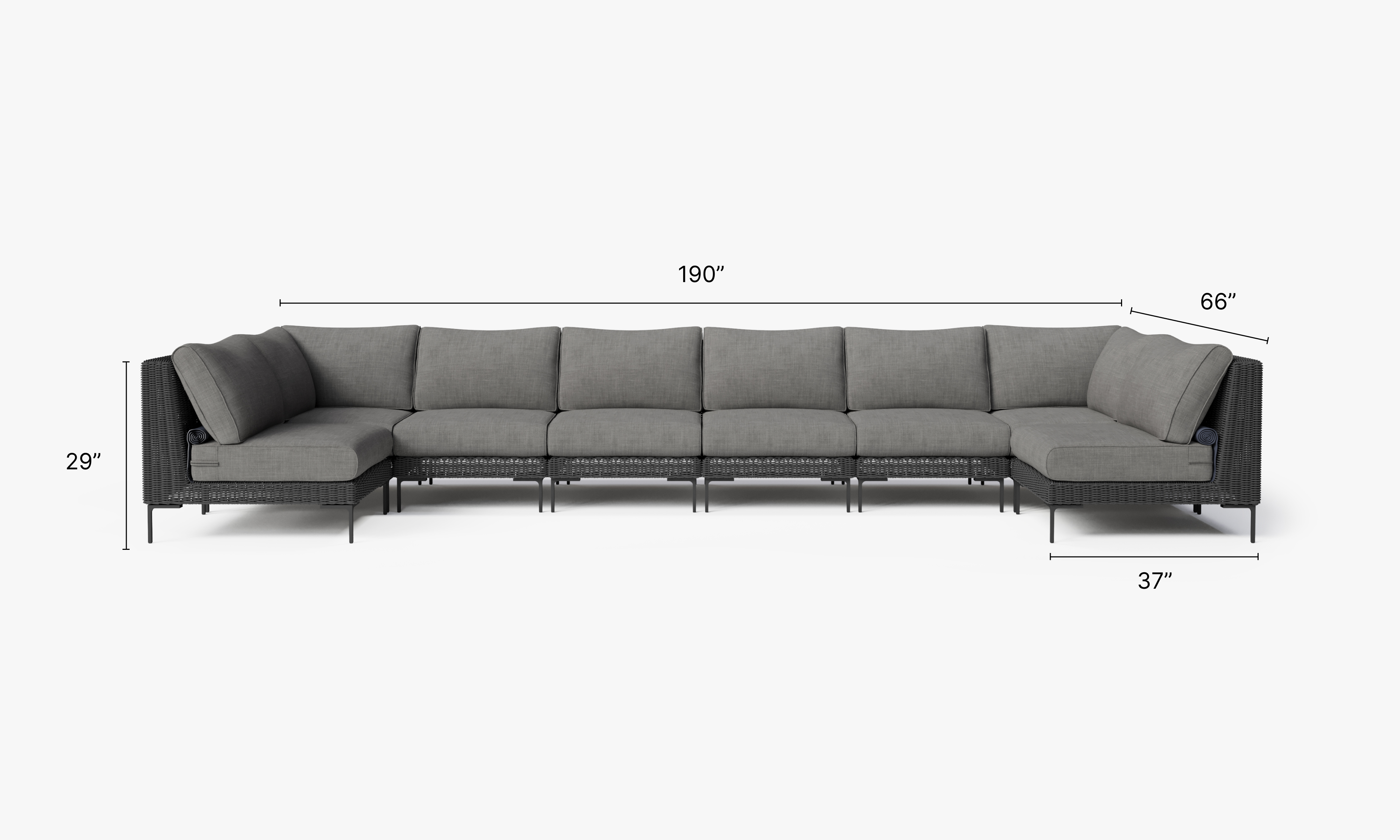 Black Wicker Outdoor U Sectional - 8 Seat dimensions in inches, also listed under Dimensions and Weights. #color_dark pebble gray