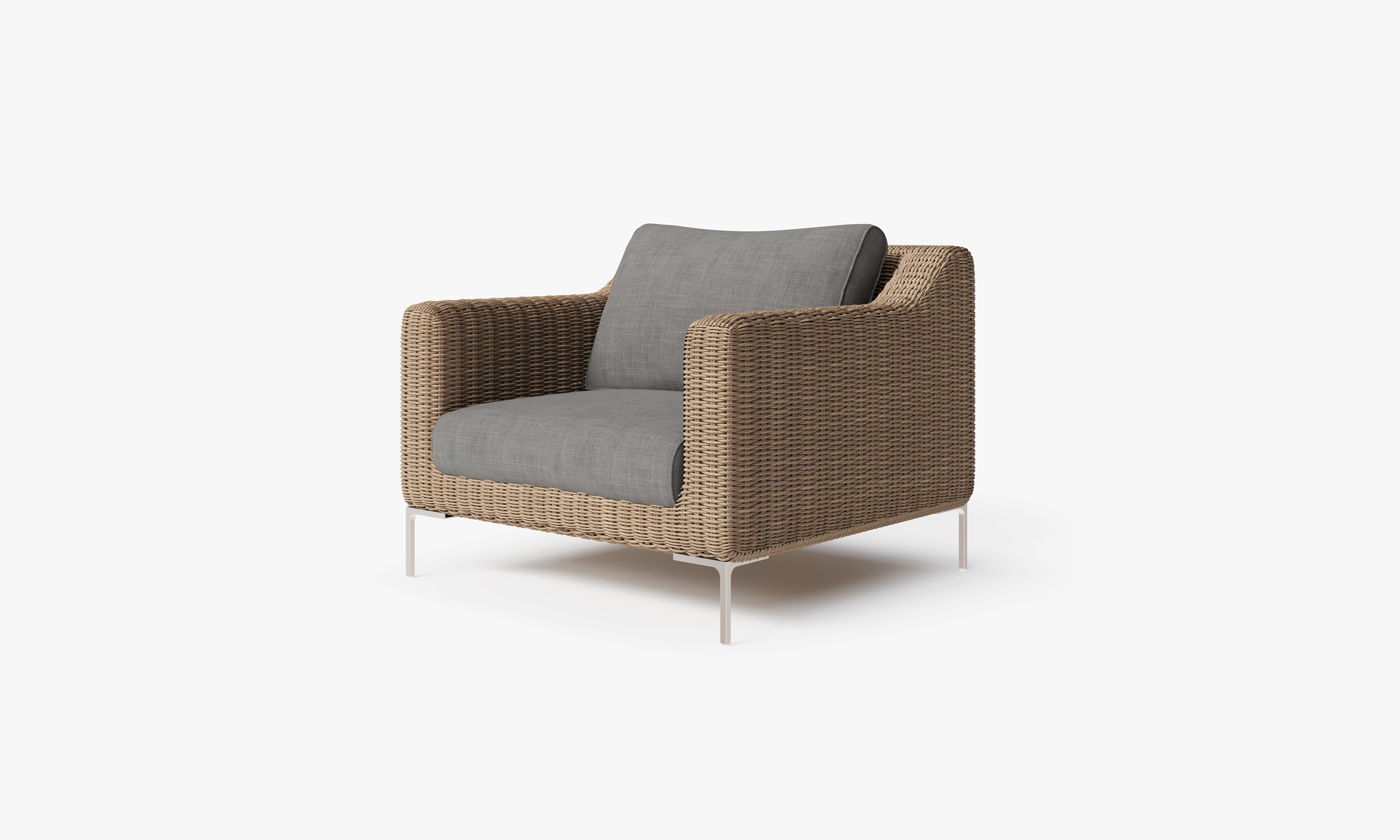Brown Wicker Outdoor Armchair, front. Comfortable, durable, and weather resistant outdoor seating with memory foam. #color_dark pebble gray