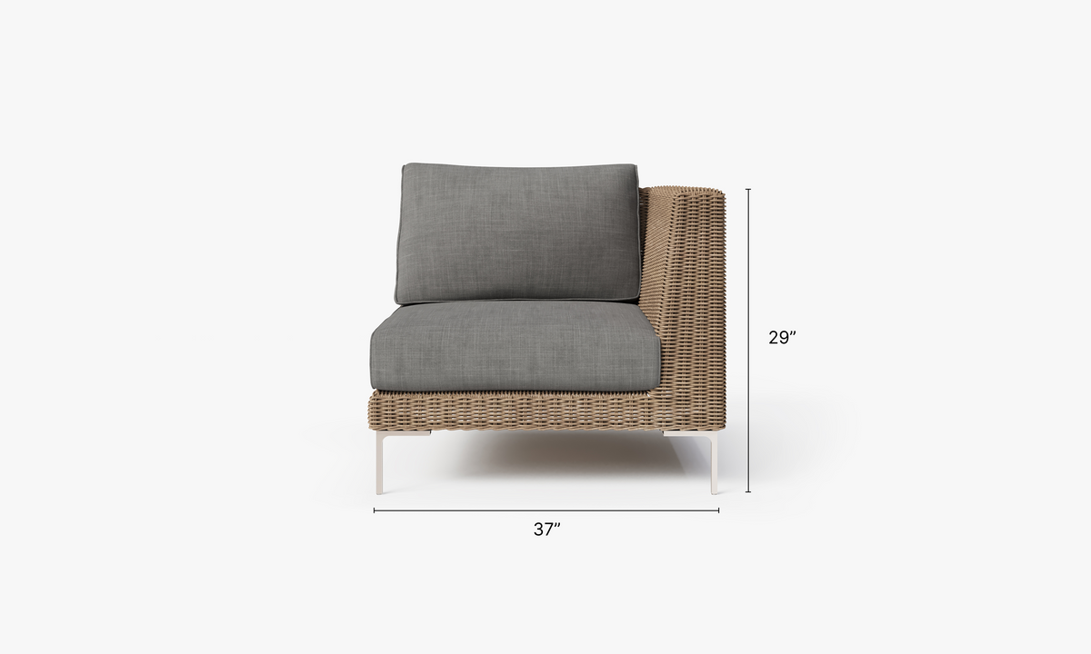 Brown Wicker Outdoor Corner Chair - Left/Right dimensions in inches, also listed under Dimensions and Weights. #color_dark pebble gray